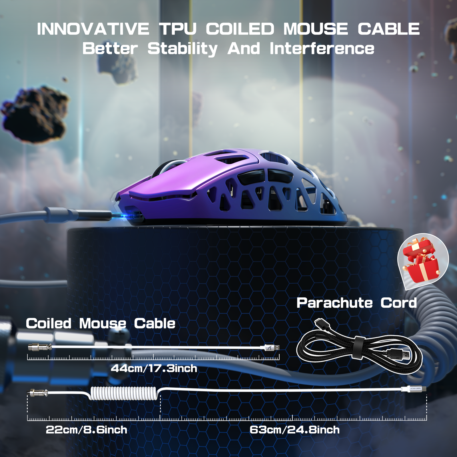 R3PRO gaming mouse with innovative coiled TPU cable for stability and interference reduction.