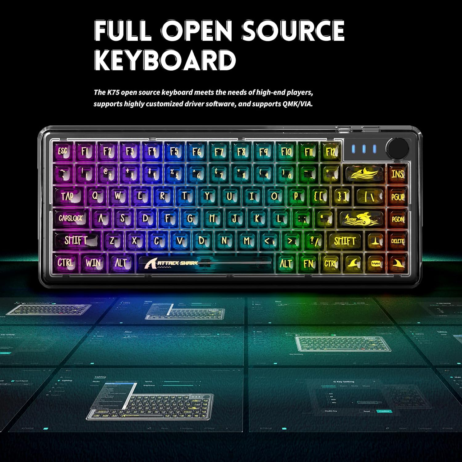 Attack Shark K75 open source keyboard showcasing RGB lighting on icy surface