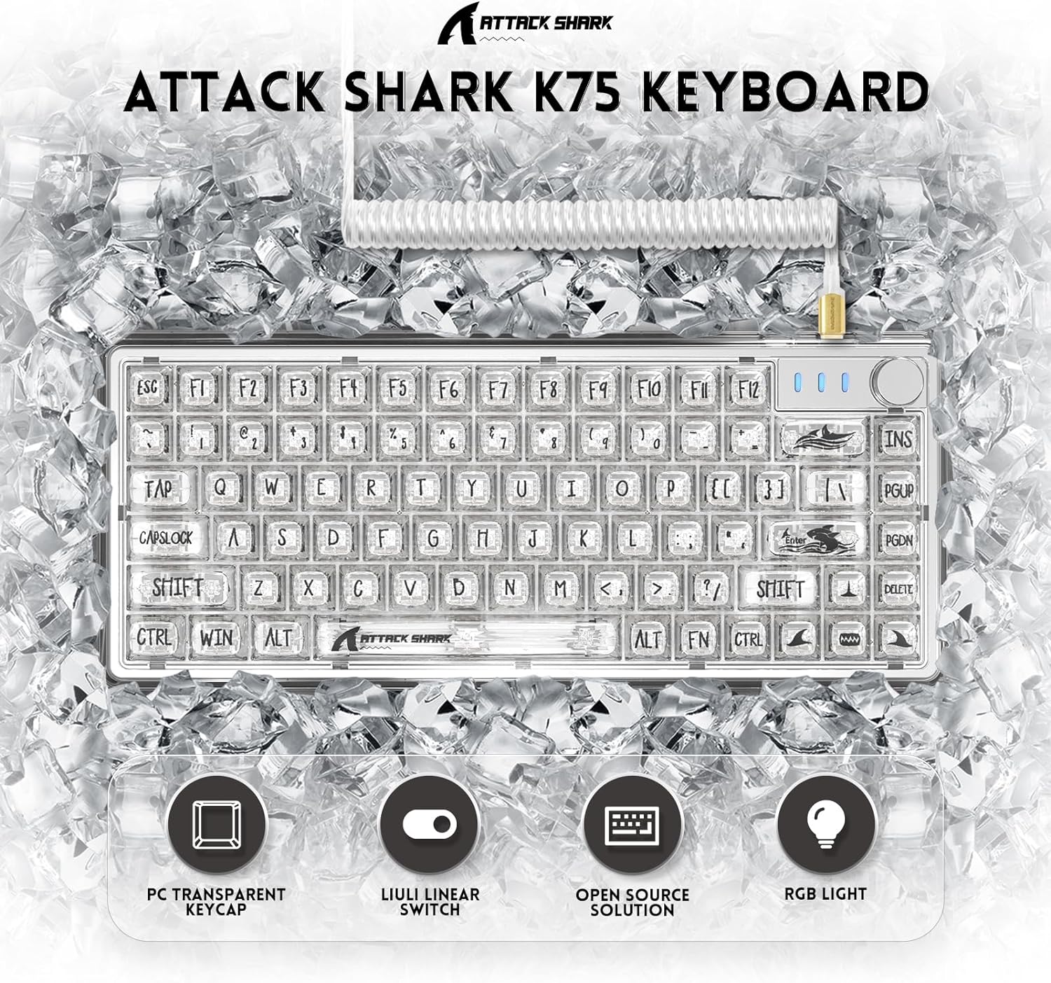 Attack Shark K75 keyboard with clear keycaps and RGB lighting on ice background