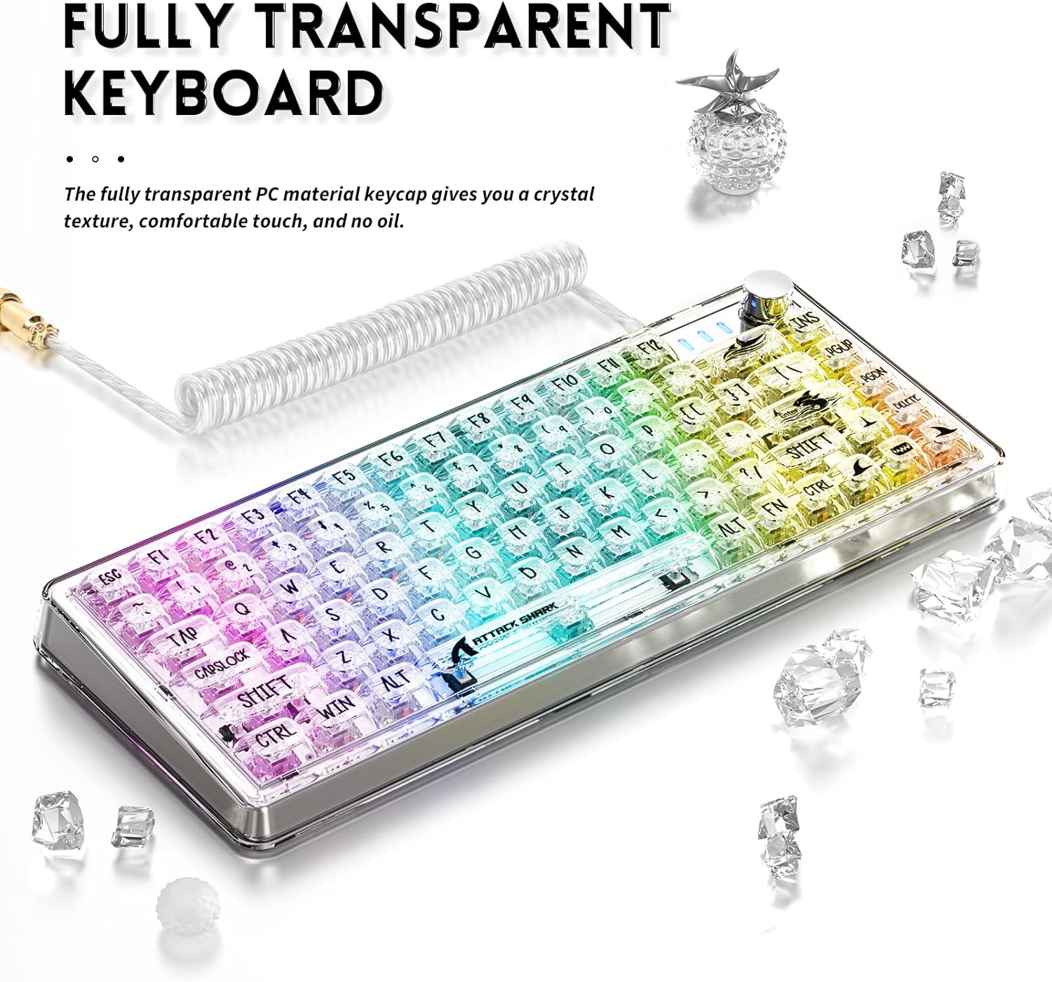 Attack Shark K75 transparent keyboard with colorful RGB lighting on icy surface