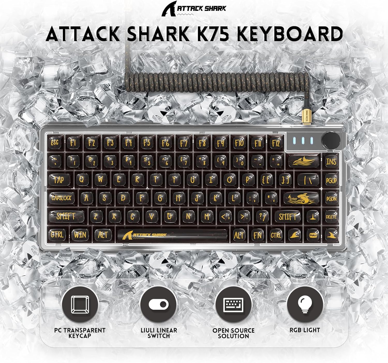 Attack Shark K75 keyboard with transparent keycaps and RGB lighting on ice