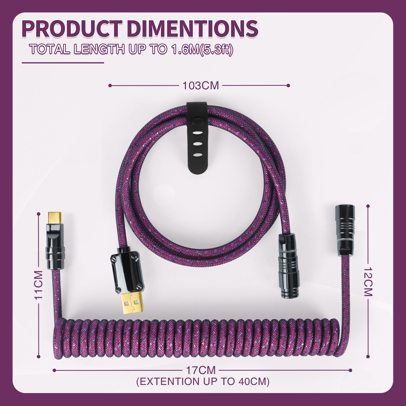 Dimensions of 1.6m purple coiled USB cable with detachable connectors.