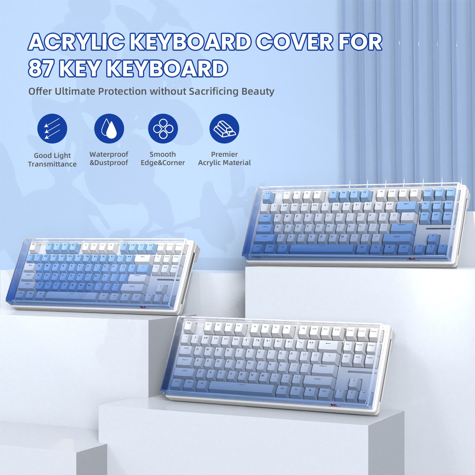 Gradient blue acrylic keyboard cover for 87-key gaming keyboard with premium features