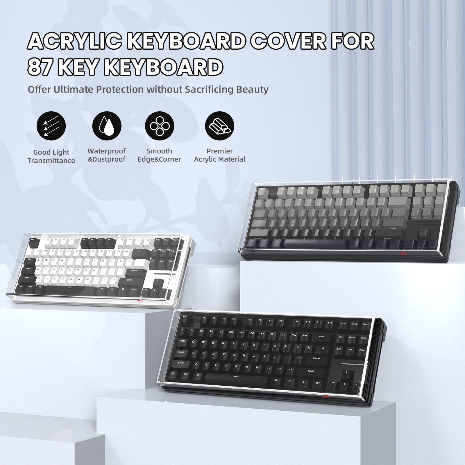 Acrylic keyboard covers in various designs for 87-key keyboards with smooth edges.