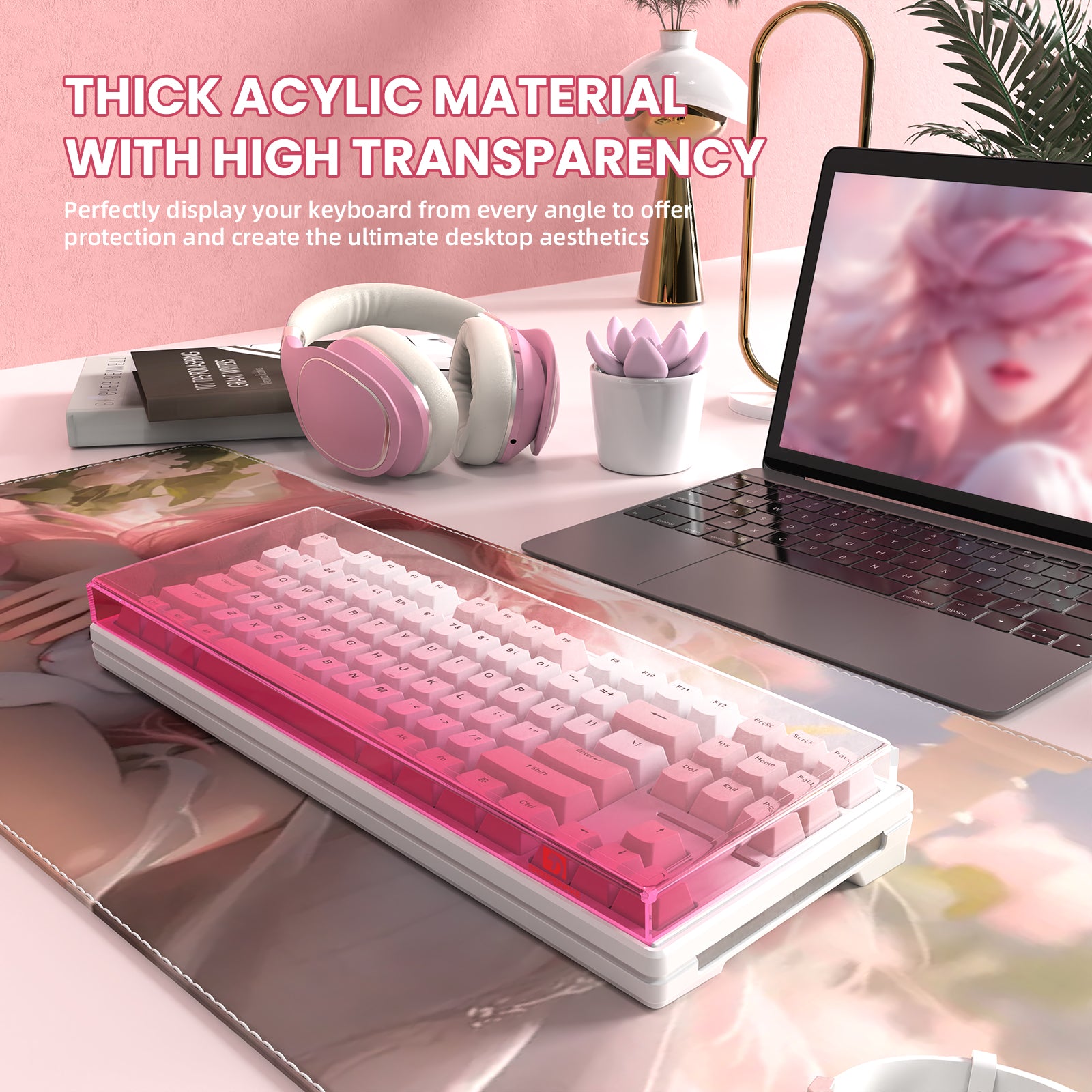 Thick pink gradient acrylic keyboard cover for 87-key gaming keyboard on a stylish desk