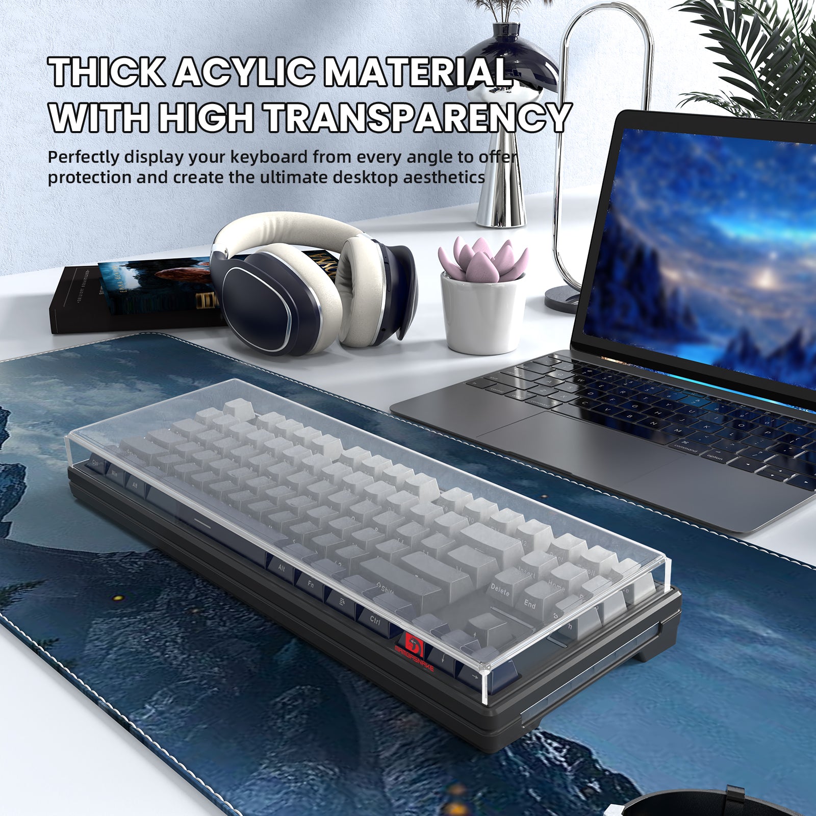 Clear acrylic cover on 87-key gaming keyboard for ultimate desk aesthetics