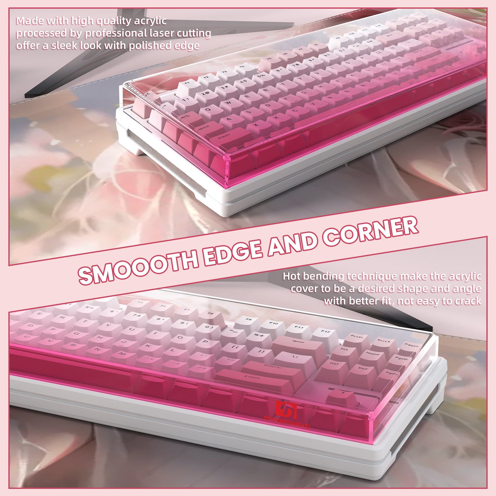 Pink gradient acrylic keyboard cover for 87-key gaming keyboard with smooth edges.