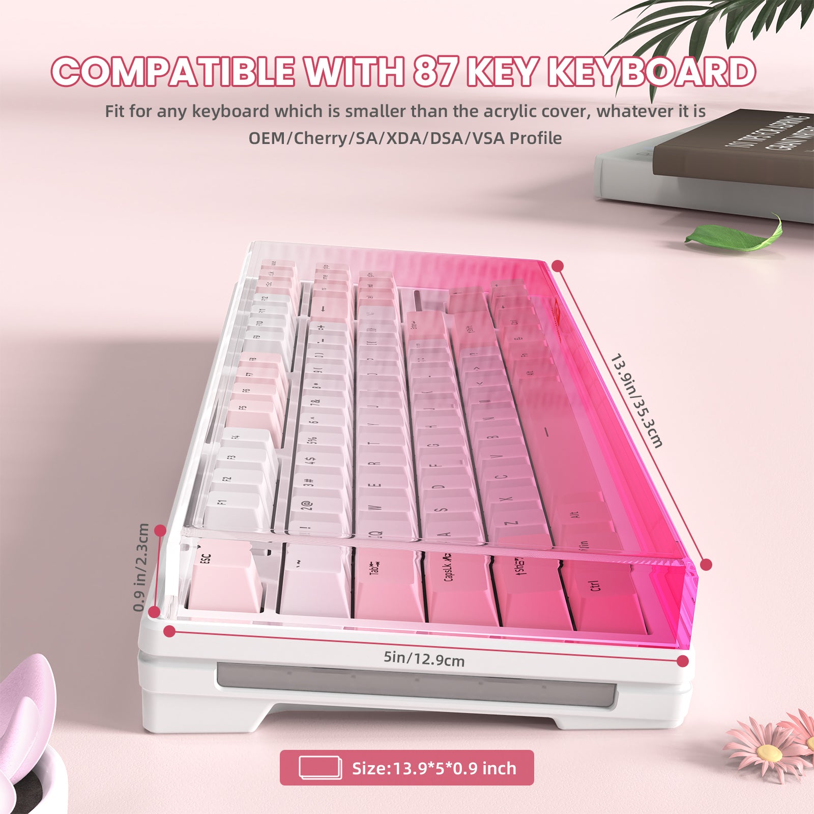 Gradient pink 87-key keyboard cover with dimensions for compatibility