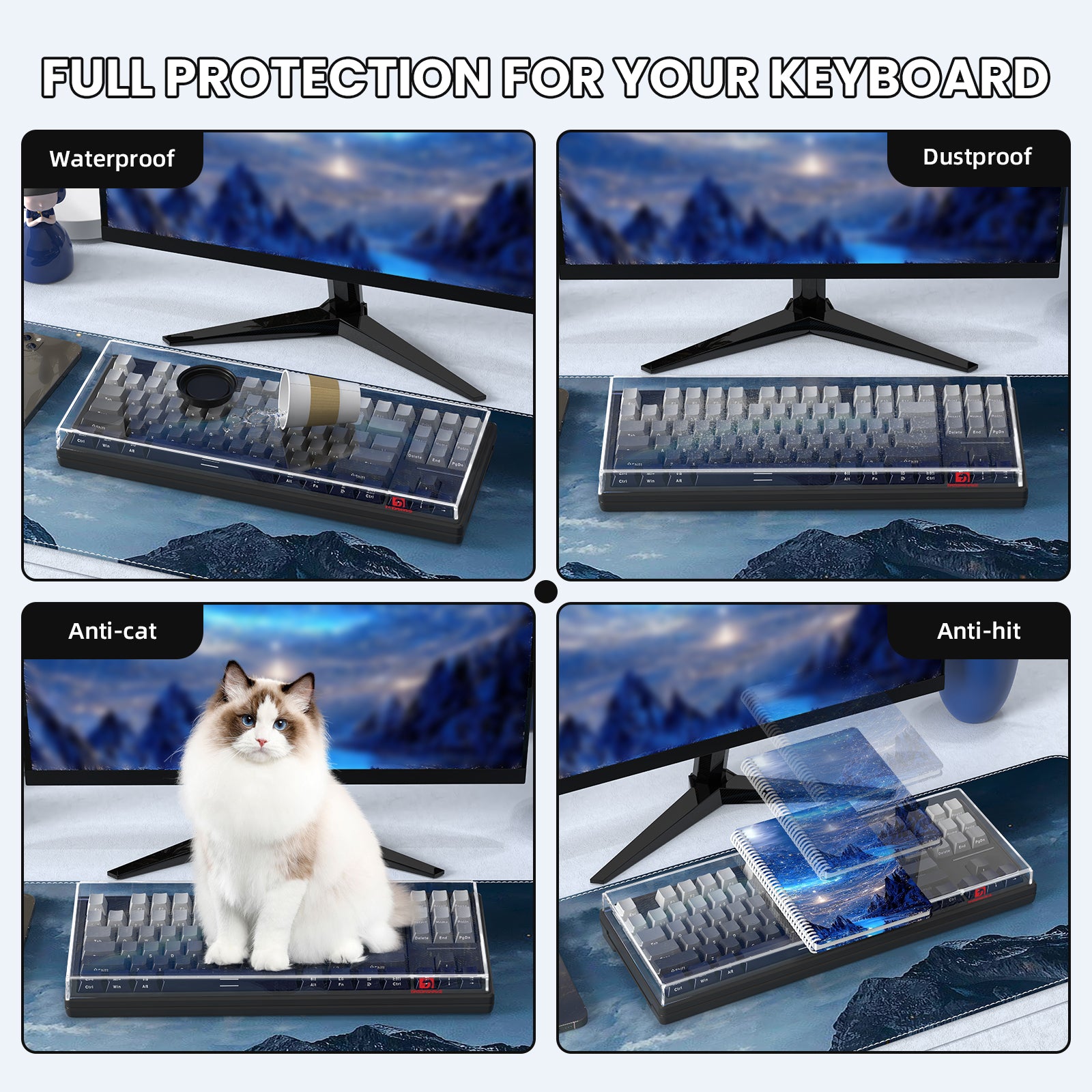 Keyboard cover features: waterproof, dustproof, anti-cat, and anti-hit with a cat.