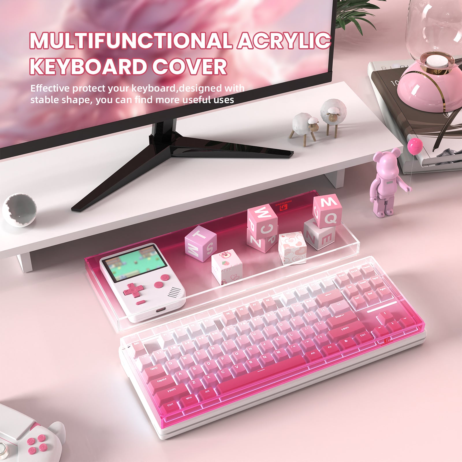 Multifunctional pink acrylic keyboard cover for 87-key gaming keyboard on a sleek setup.