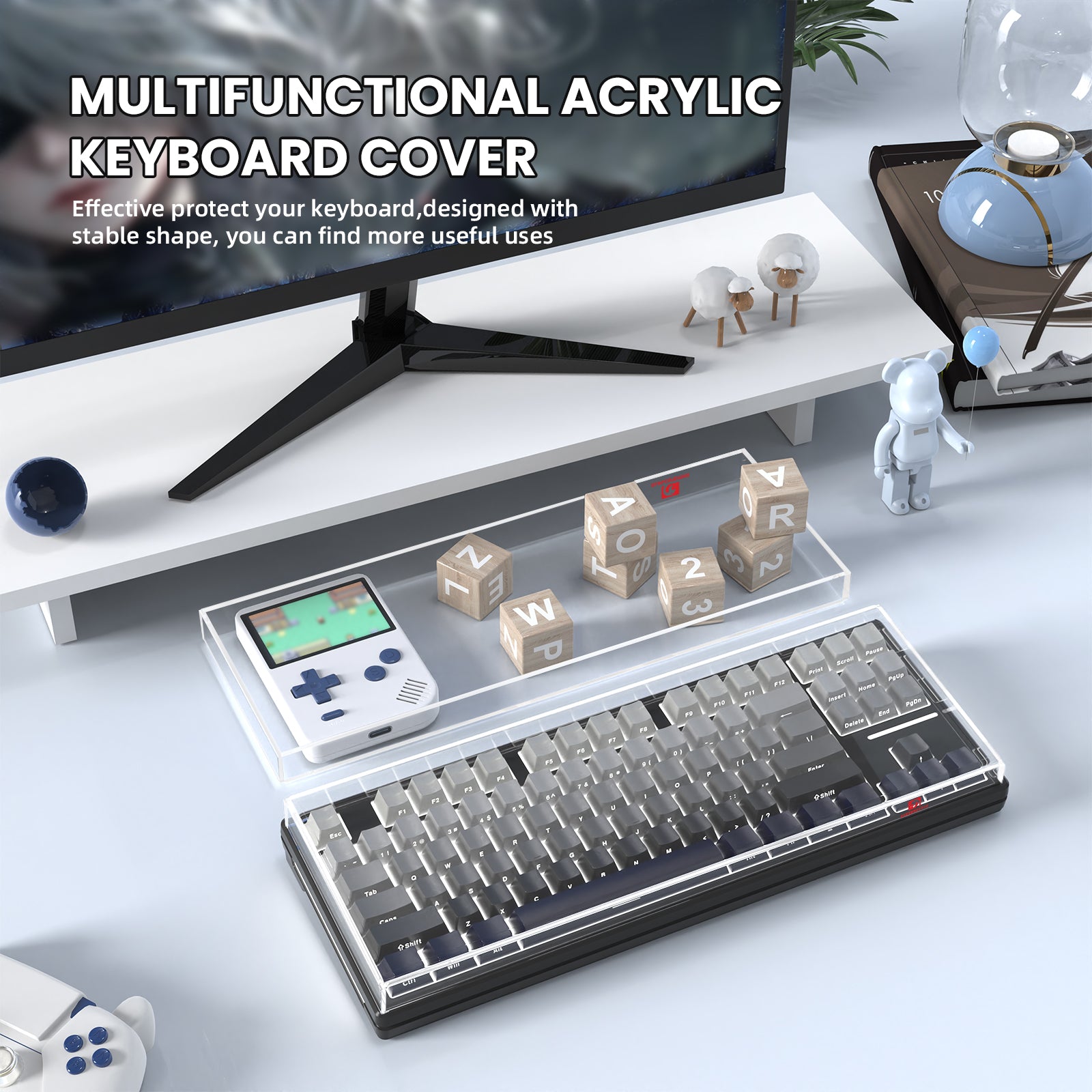 Clear multifunctional acrylic cover for gaming keyboard with decorative items.