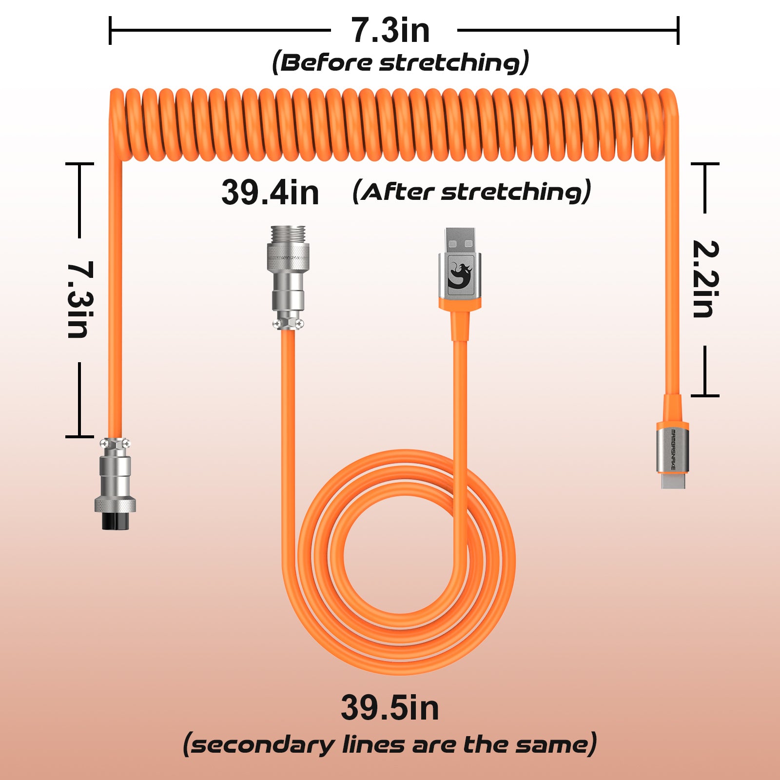 Vitality Orange coiled USB cable showing 7.3in and 39.4in stretch lengths.