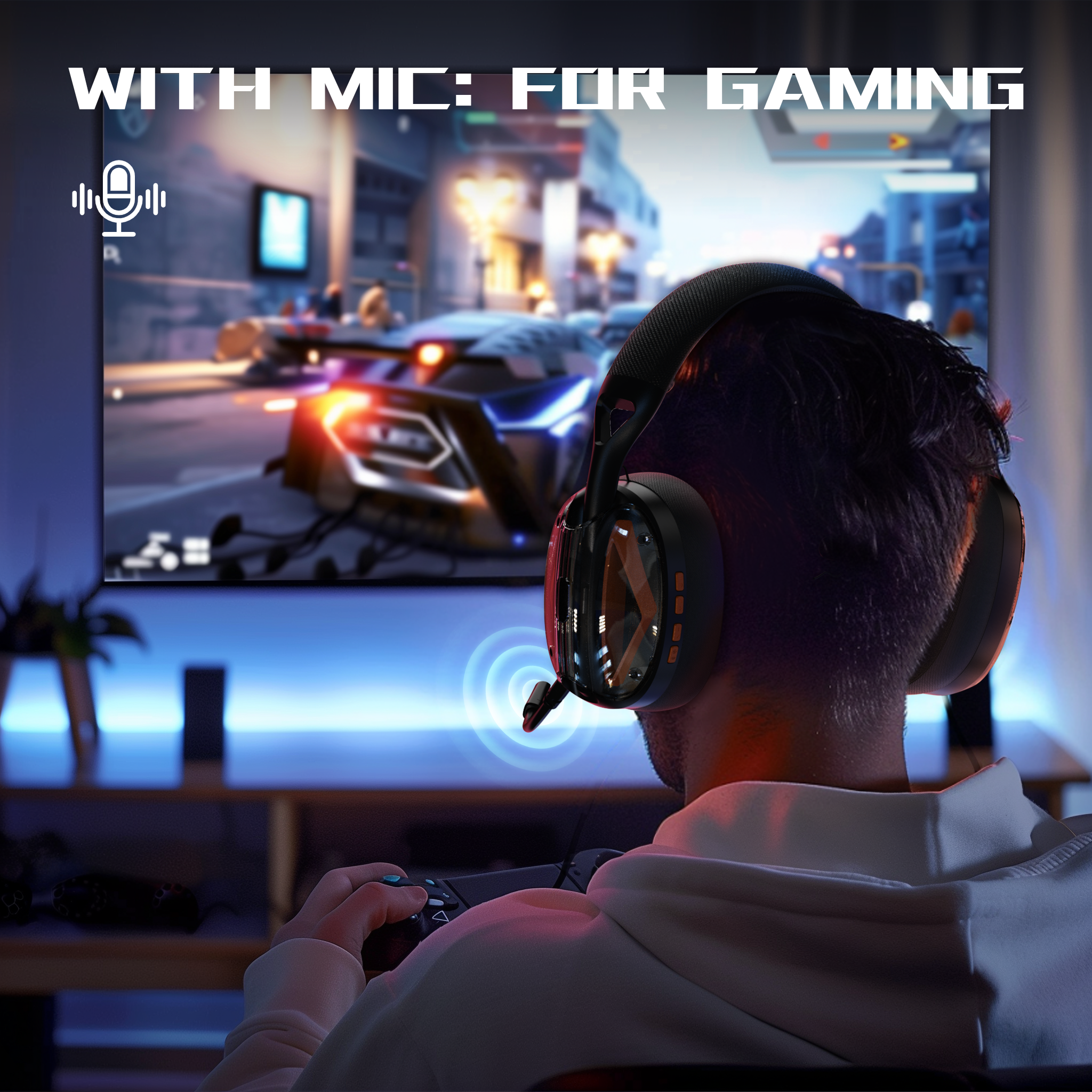 Gamer using Attack Shark L60 headset with mic while playing on TV, showcasing gaming setup.