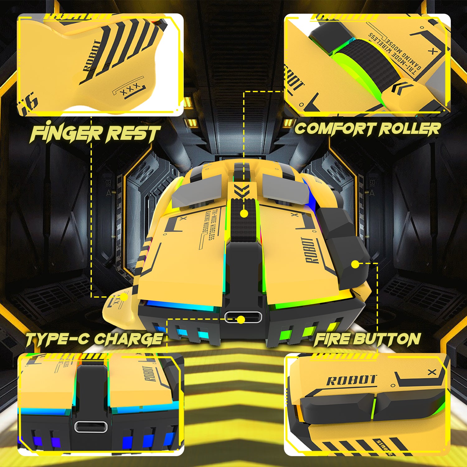 Yellow Attack Shark G6 gaming mouse highlighting finger rest, fire button, and Type-C charge.