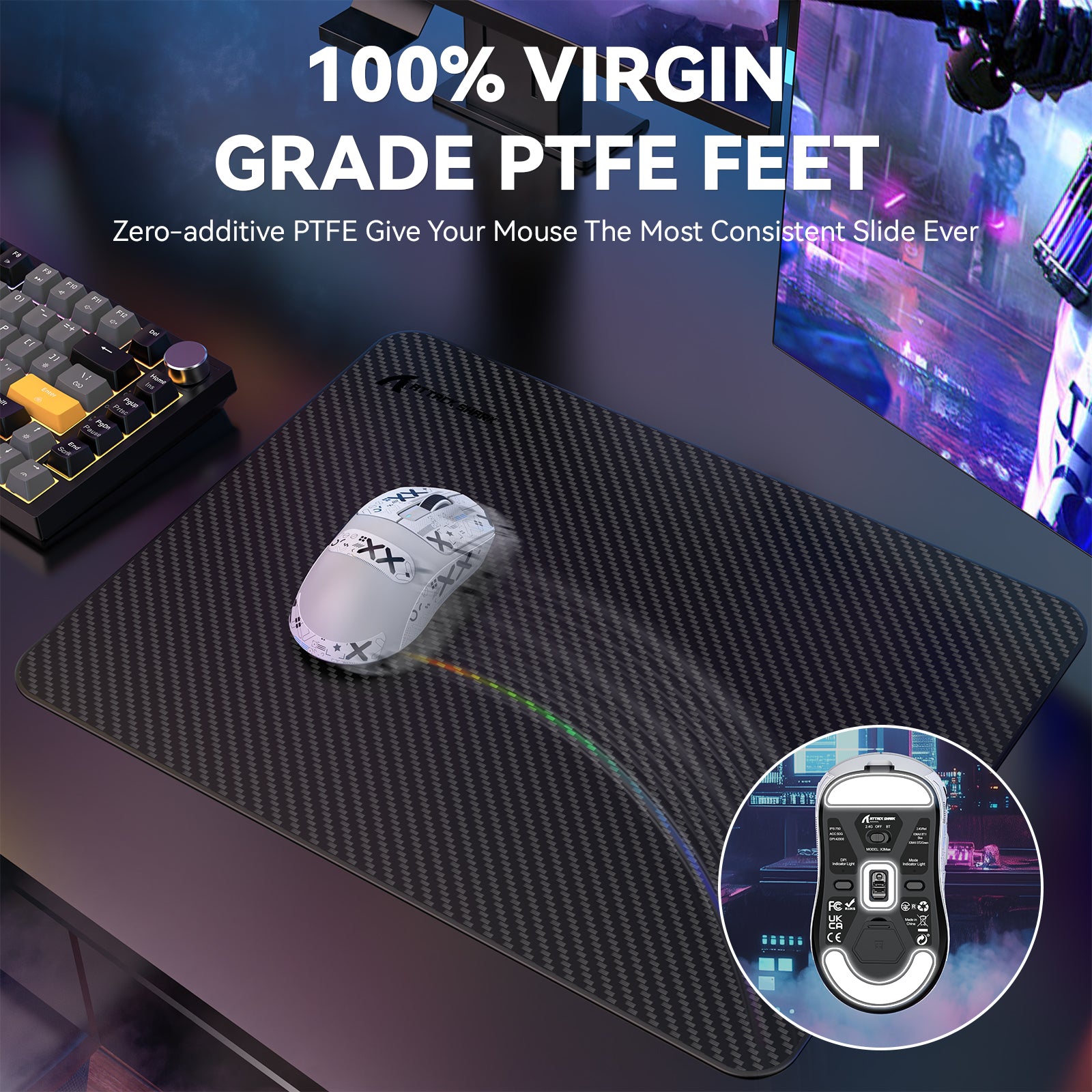 X3MAX gaming mouse on textured pad, featuring 100% virgin grade PTFE feet for smooth glide.