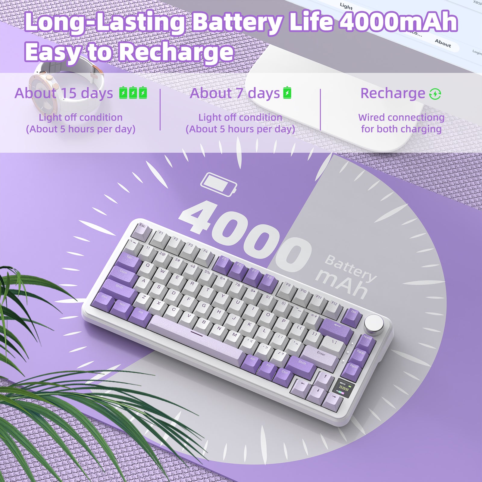 4000mAh battery life of ATTACK SHARK X85PRO keyboard with recharge details and purple-white design.