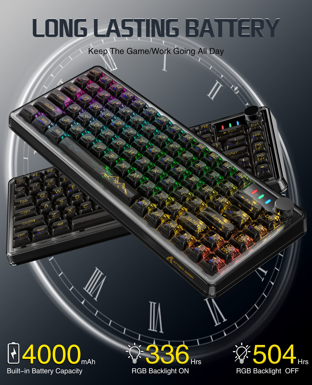 K75 Pro keyboard featuring 4000mAh battery life for extended gaming sessions.