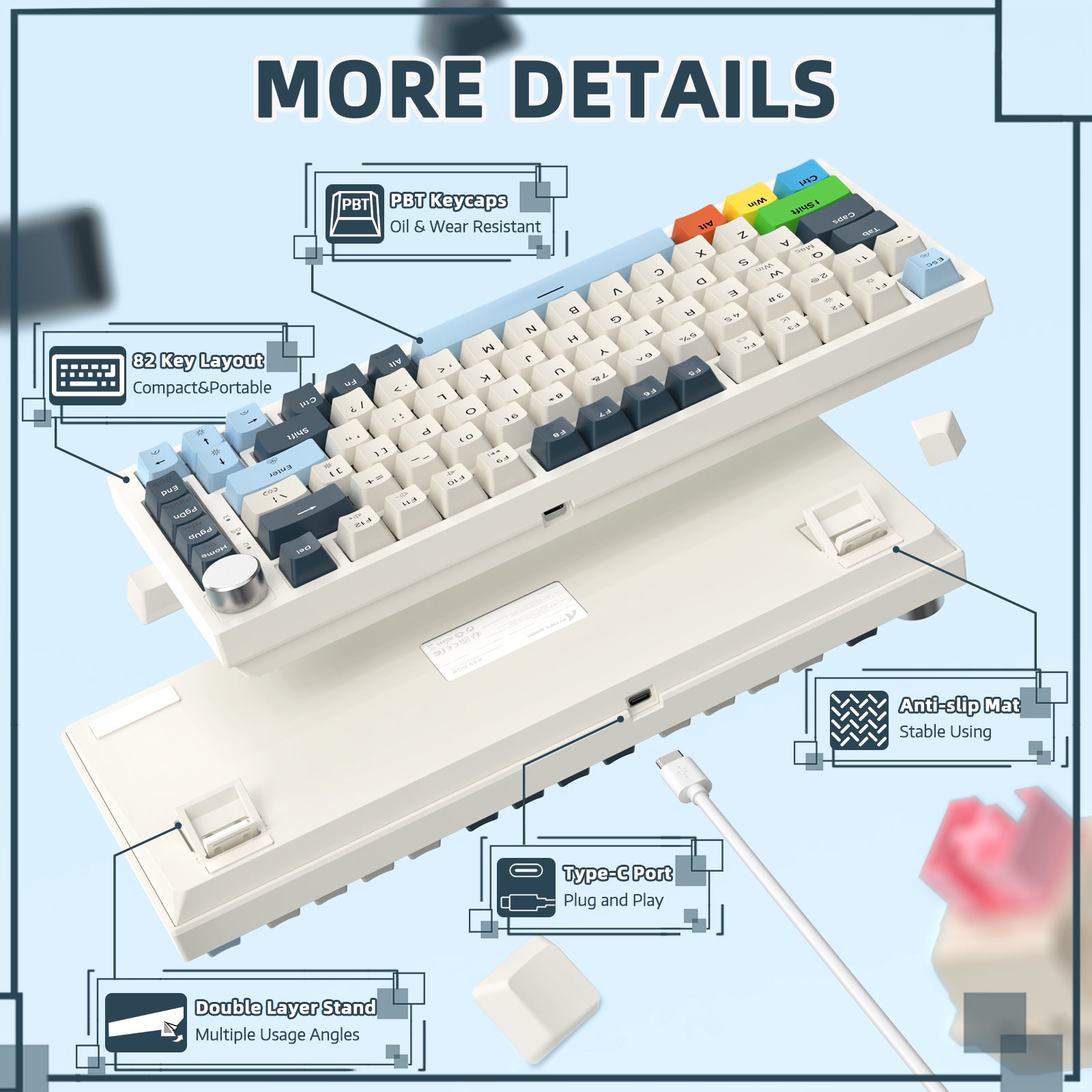 K85 keyboard details: PBT keycaps, 82 key layout, Type-C port, double-layer stand.