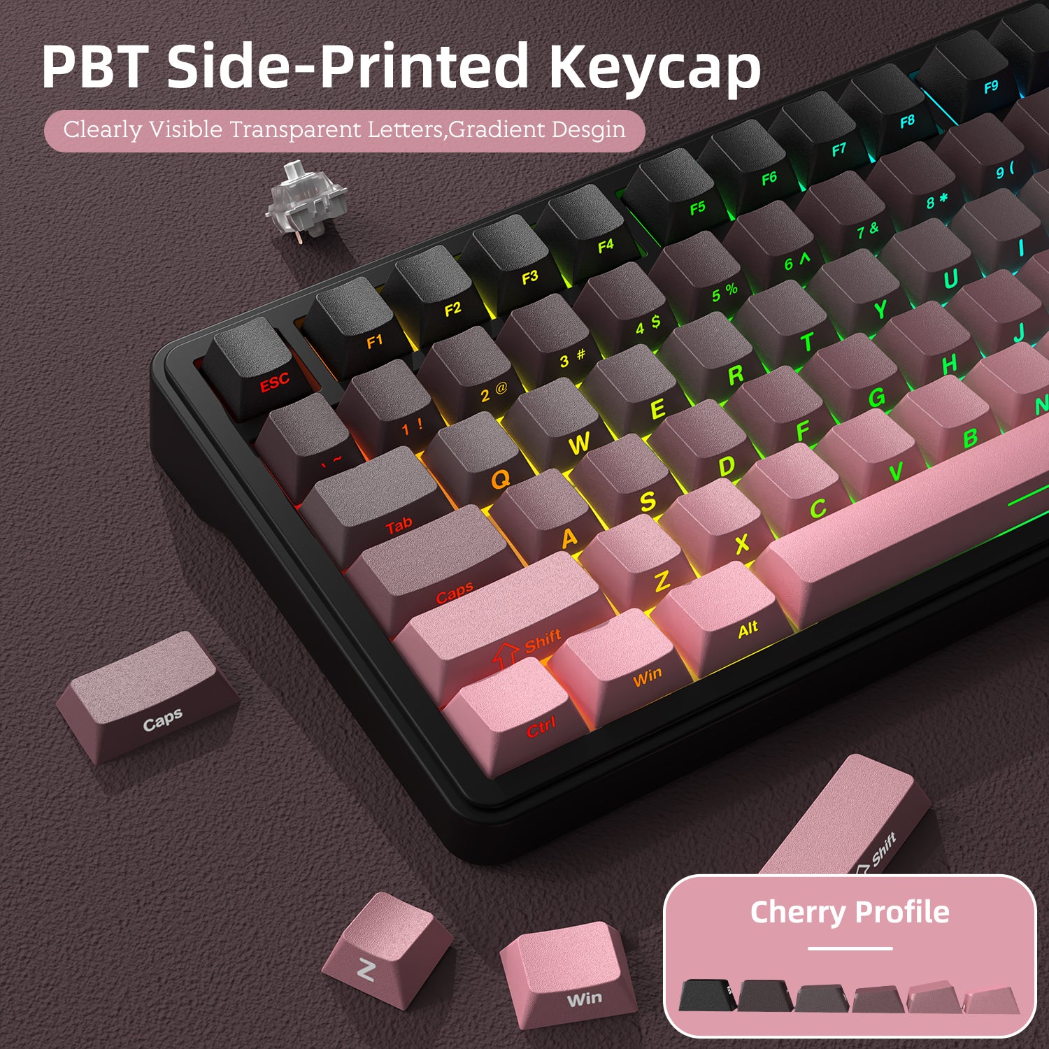 Attack Shark X85 keyboard close-up with PBT side-printed gradient keycaps and Cherry profile.