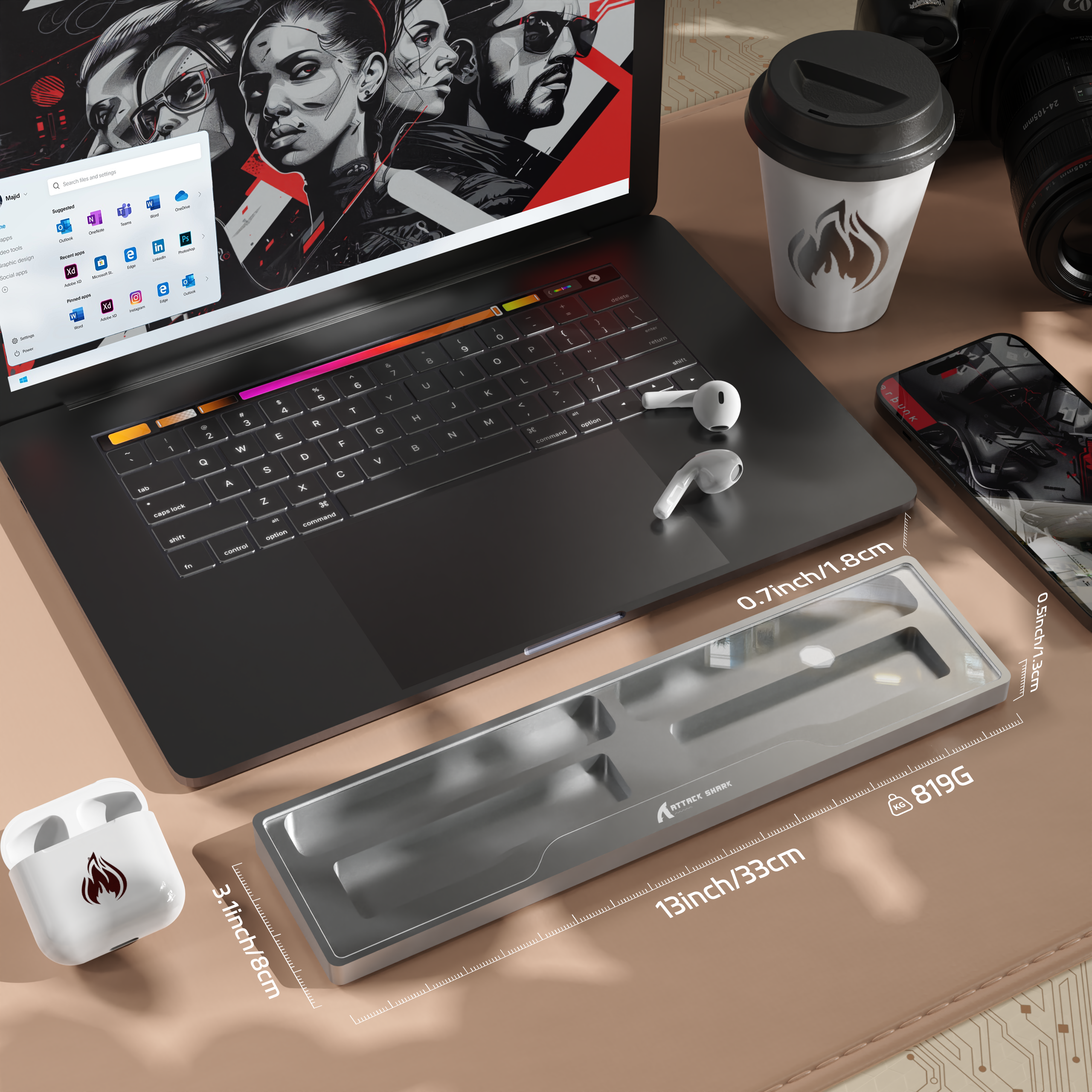 Attack Shark aluminum alloy wrist rest with ergonomic design on modern desk setup.