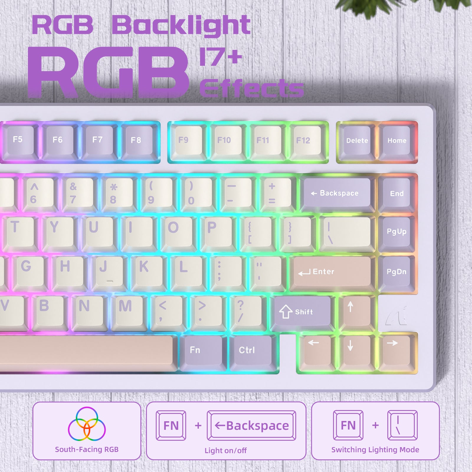 ATTACK SHARK X75 keyboard with RGB backlighting and pastel gradient keycaps.