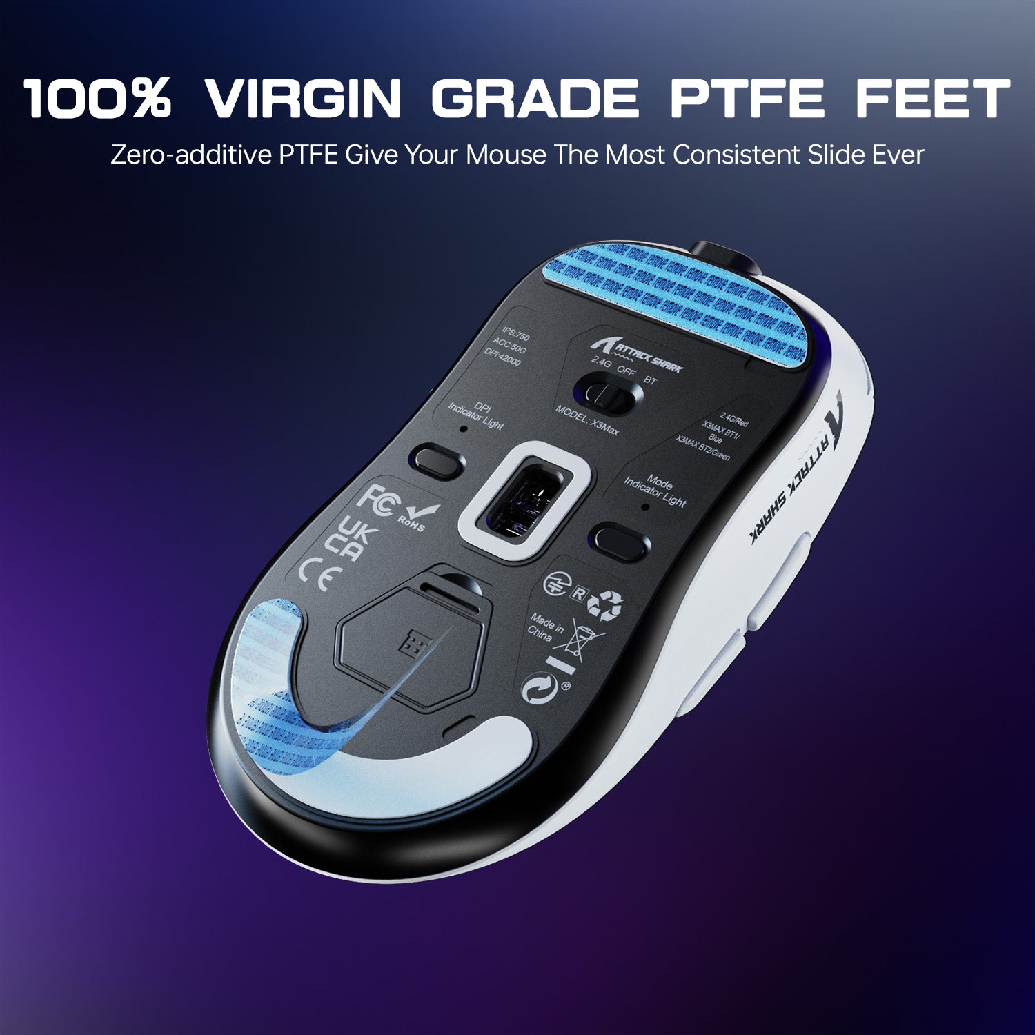 Attack Shark X3MAX mouse underside with virgin grade PTFE feet and customizable features