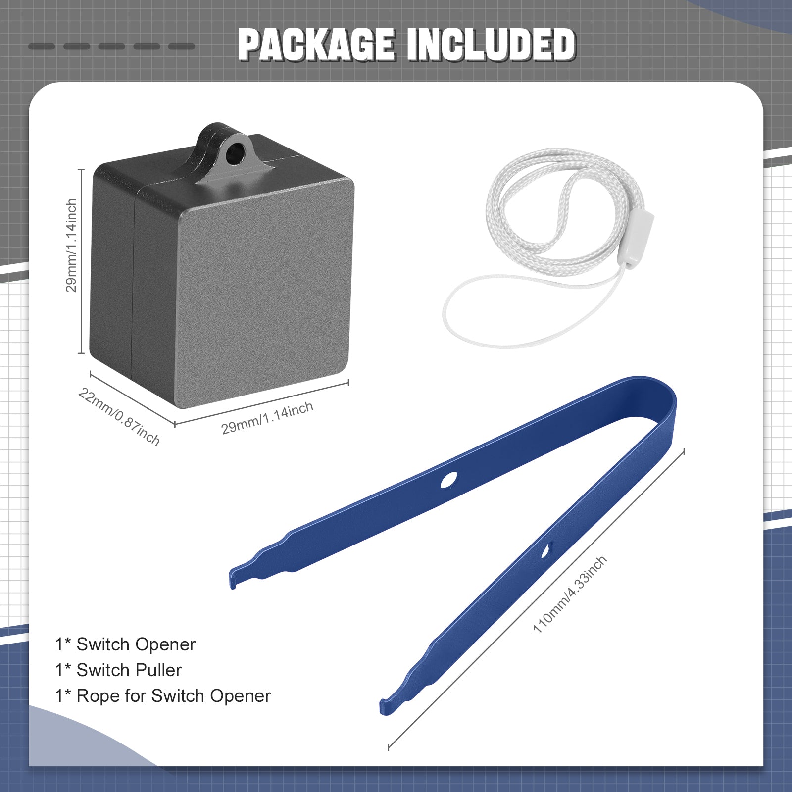 Switch opener kit with puller and rope for mechanical keyboard customization.