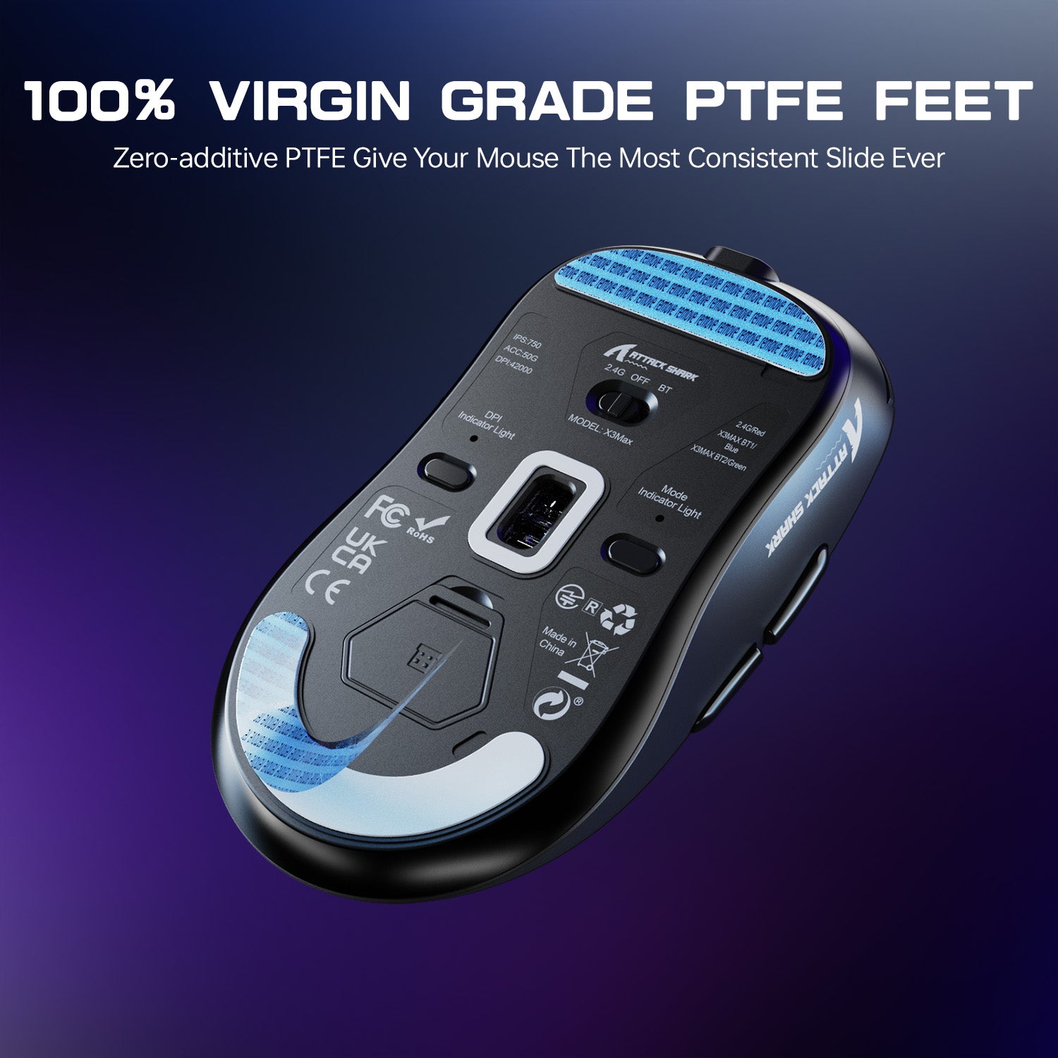 Attack Shark X3MAX mouse underside with 100% virgin grade PTFE feet for smooth gliding.