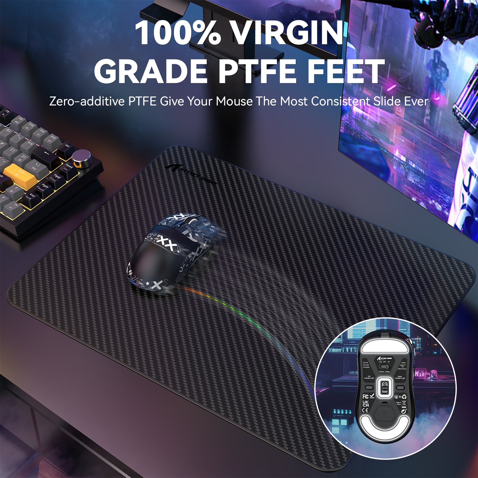 X3MAX gaming mouse on textured pad showcasing 100% virgin grade PTFE feet for smooth glide.