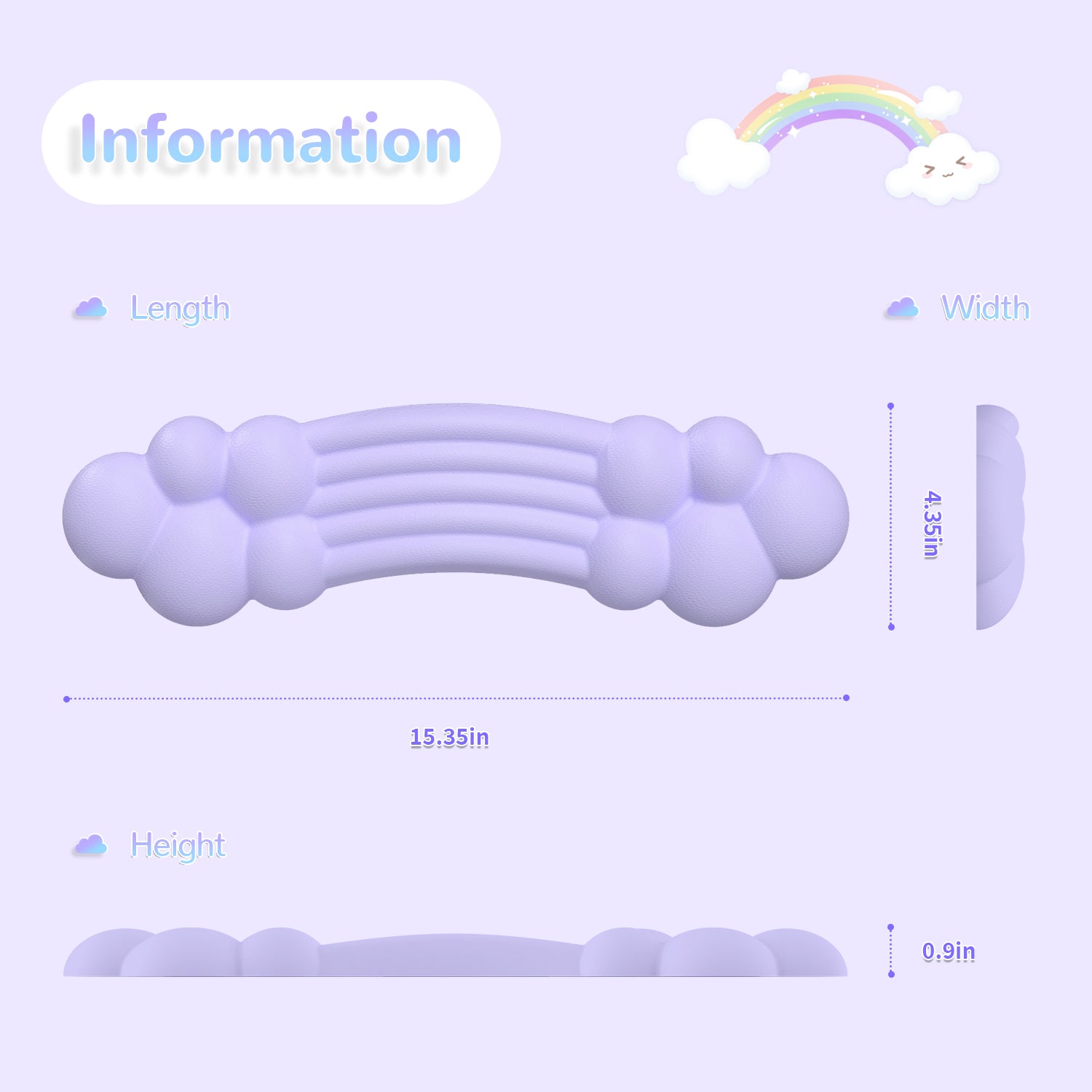 Dimensions and information of lavender rainbow cloud wrist rest, 15.35 x 4.35 x 0.9 inches.