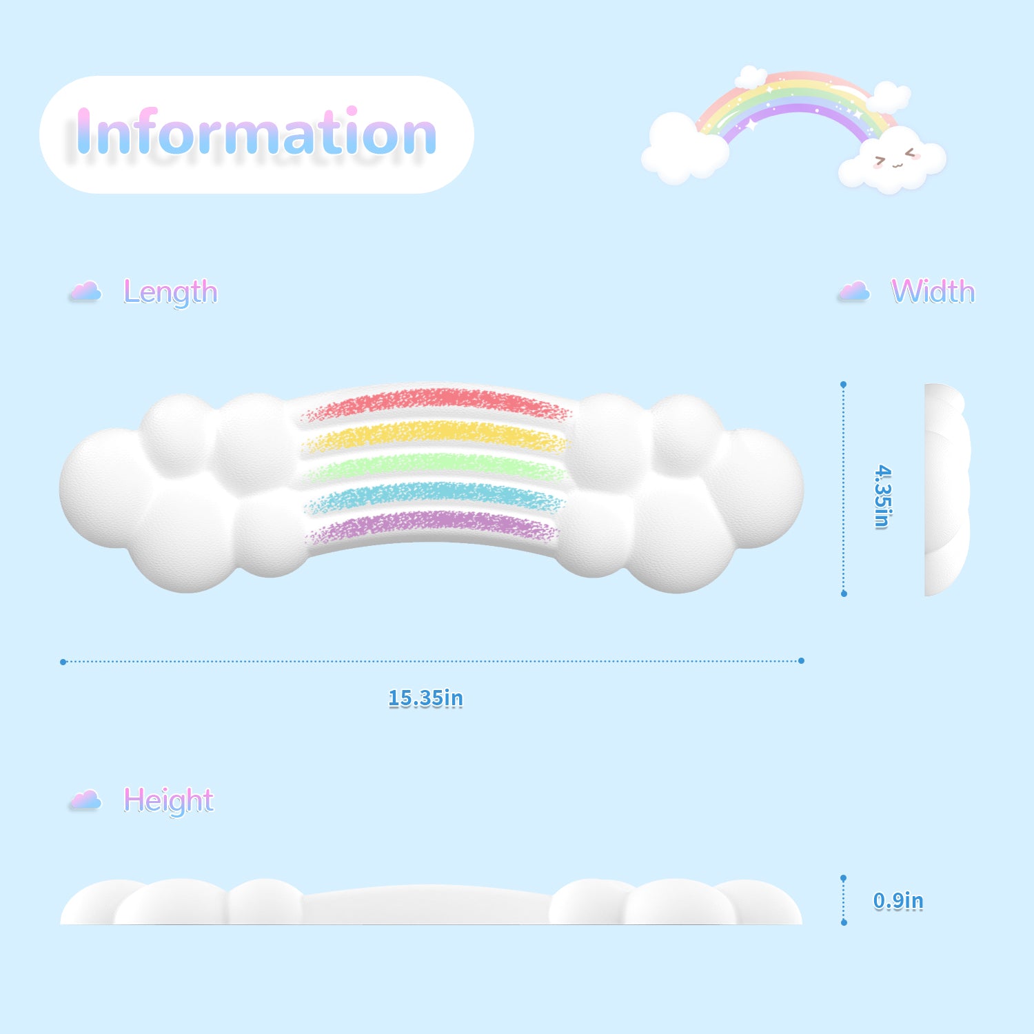 Rainbow cloud wrist rest dimensions with pastel colors, promoting ergonomic support.