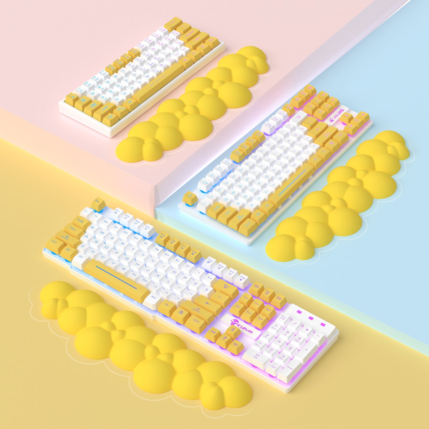 Pastel mechanical keyboards with yellow cloud-shaped wrist rests for ergonomic support.