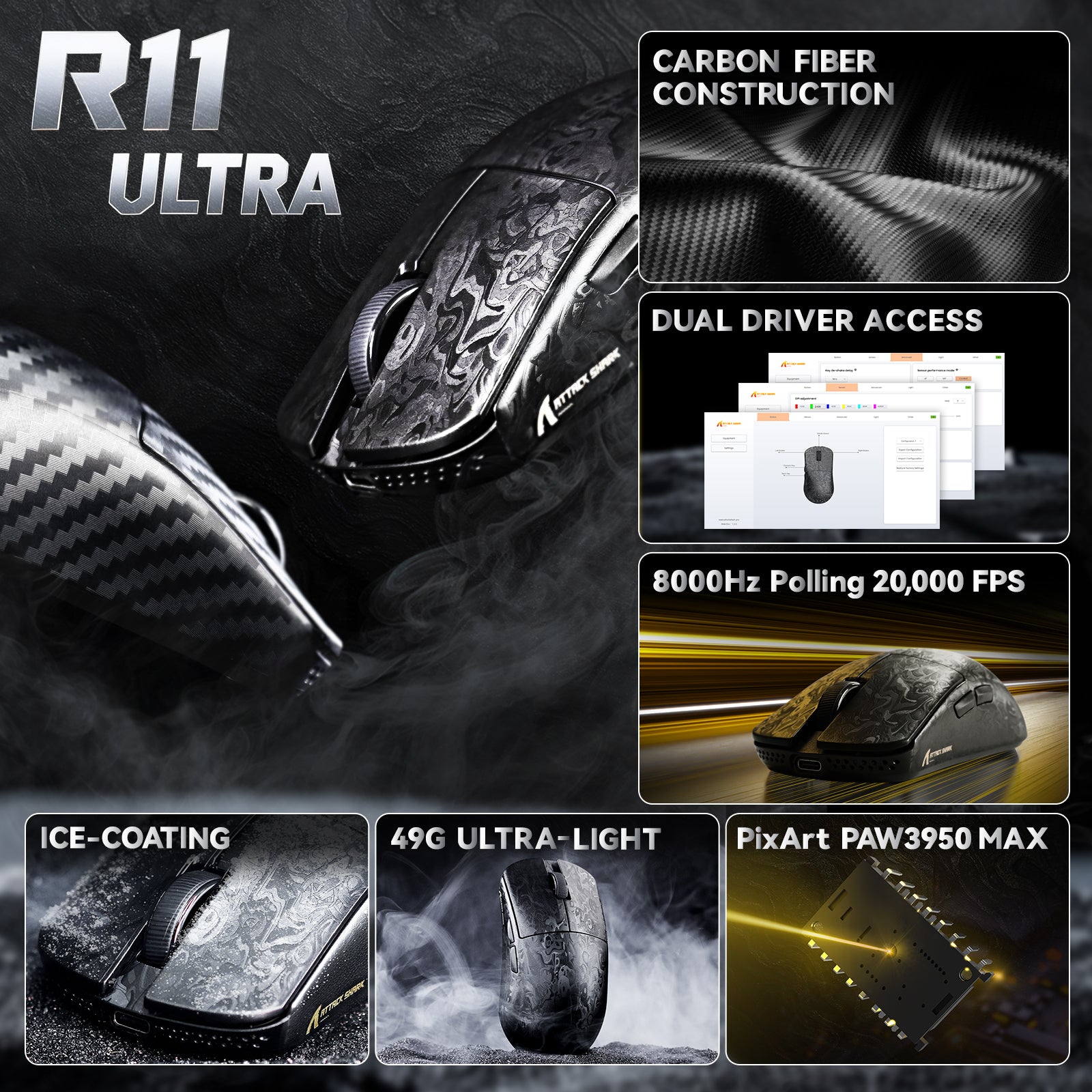 ATTACK SHARK R11 ULTRA Carbon Fiber Wireless 8K PAW3950MAX Gaming Mouse with C06 Ultra LED Cable