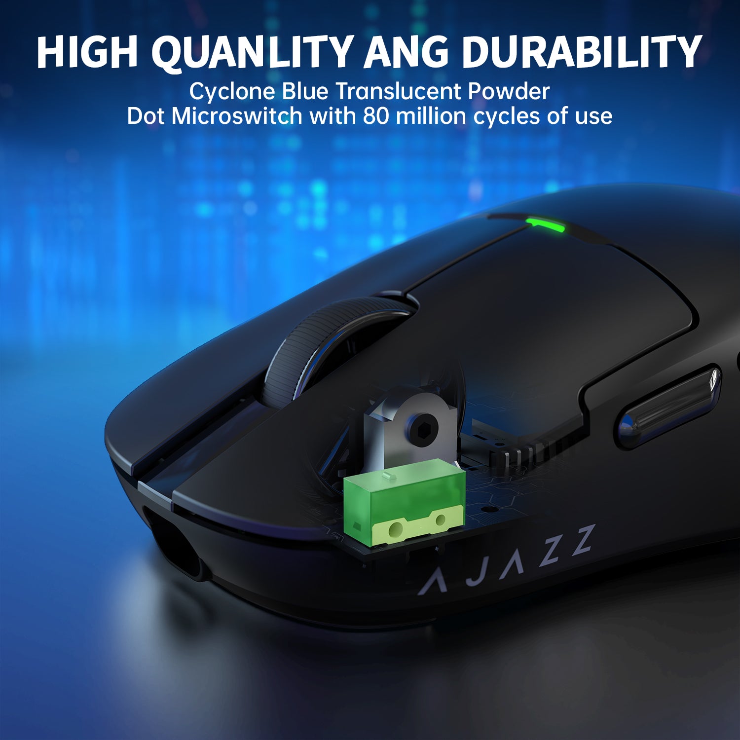 AJAZZ gaming mouse with Cyclone Blue translucent powder and durable microswitch technology.