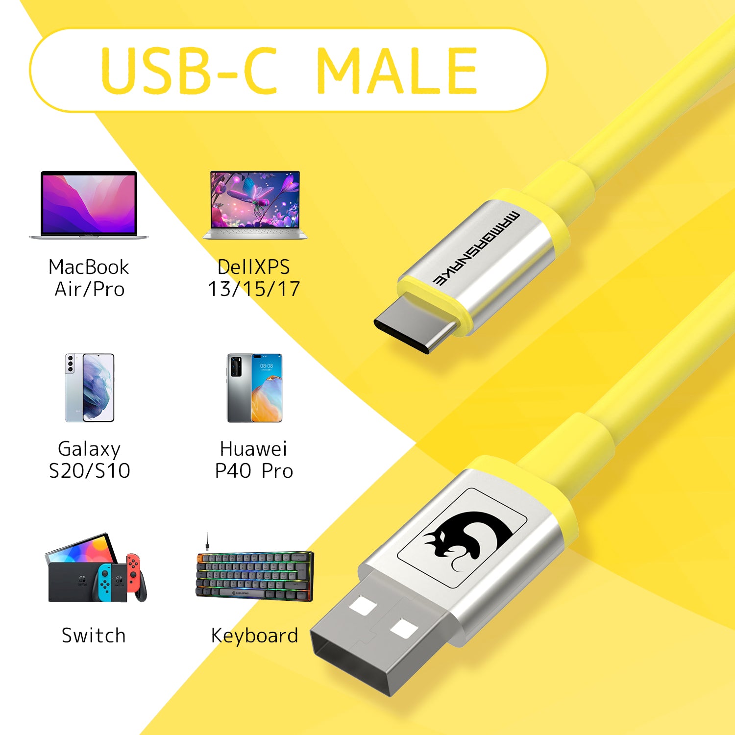 Yellow USB-C male cable compatible with MacBook, Dell XPS, and gaming devices.