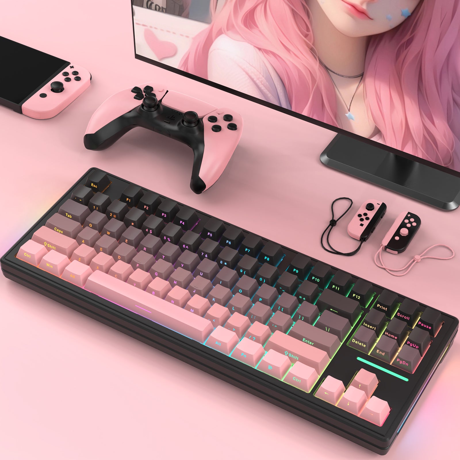 Attack Shark M87 keyboard with pastel gradient keycaps and pink gaming accessories.