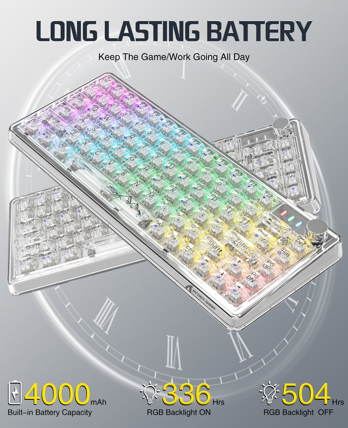 K75 Pro keyboard battery capacity of 4000mAh with RGB on/off usage hours.