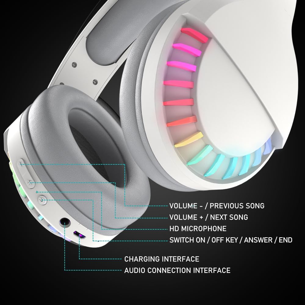 White wireless headset with RGB lighting features and audio control buttons.