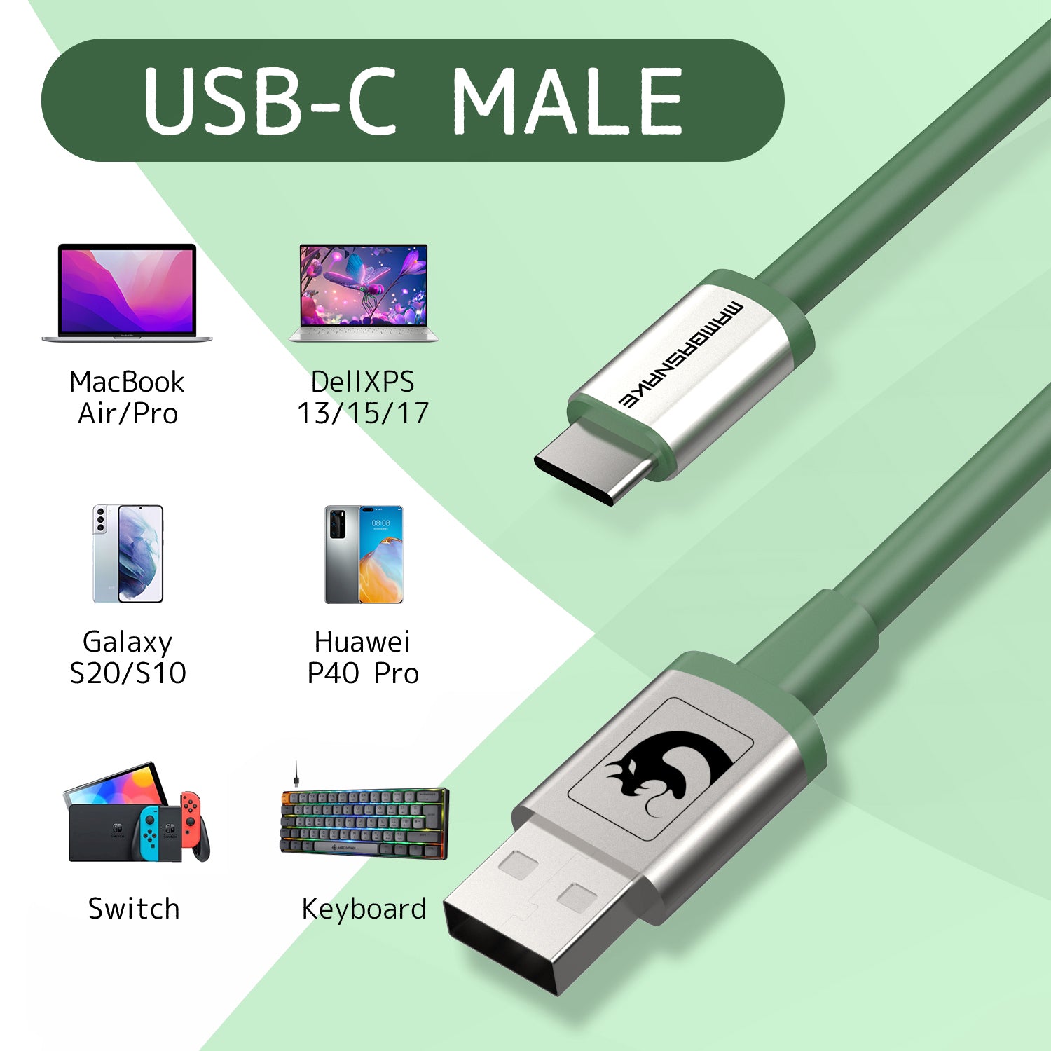 Green USB-C male cable with multiple compatibility for laptops, smartphones, and gaming devices.