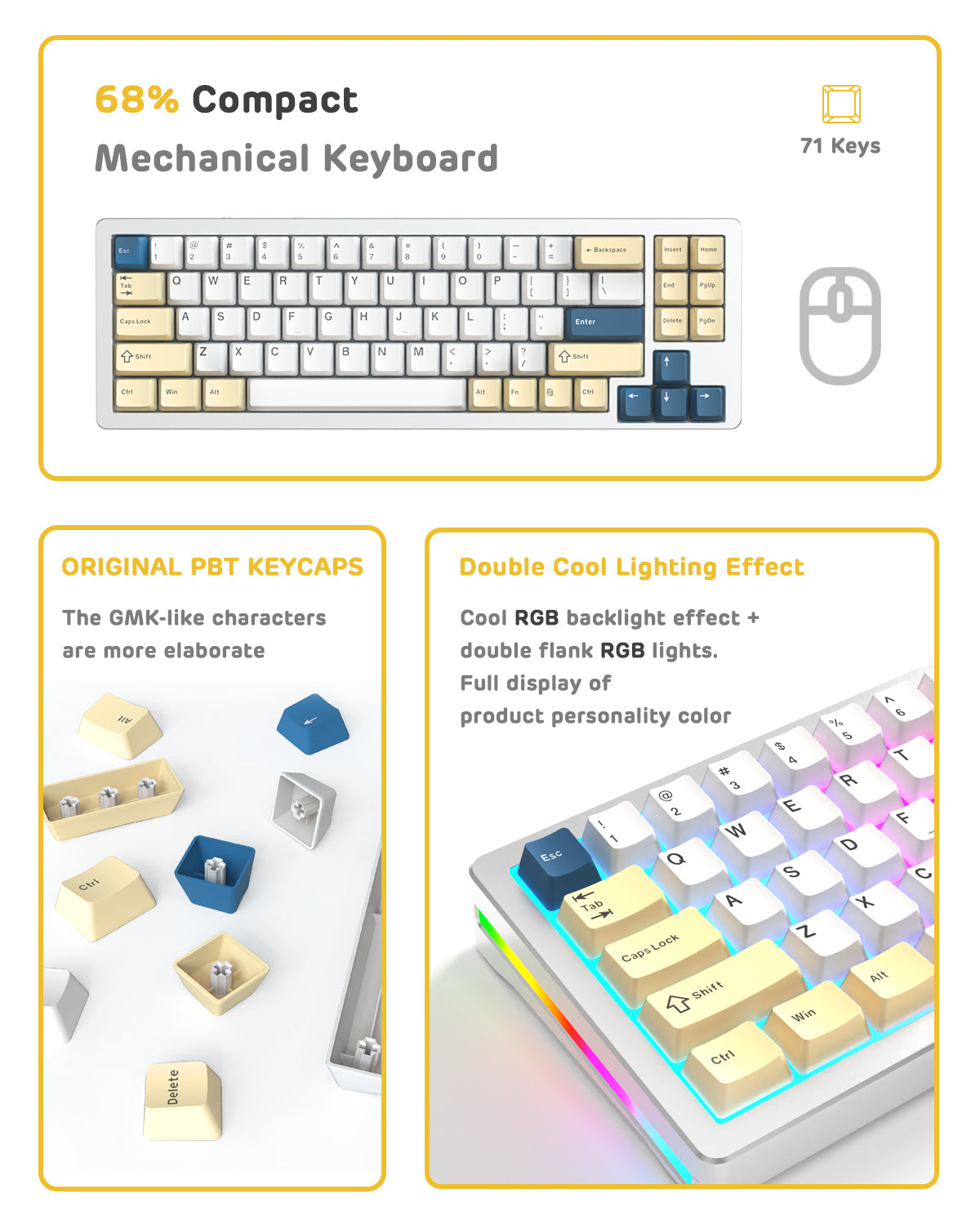 Compact Attack Shark M71 keyboard with original PBT keycaps and dual-color RGB lighting.