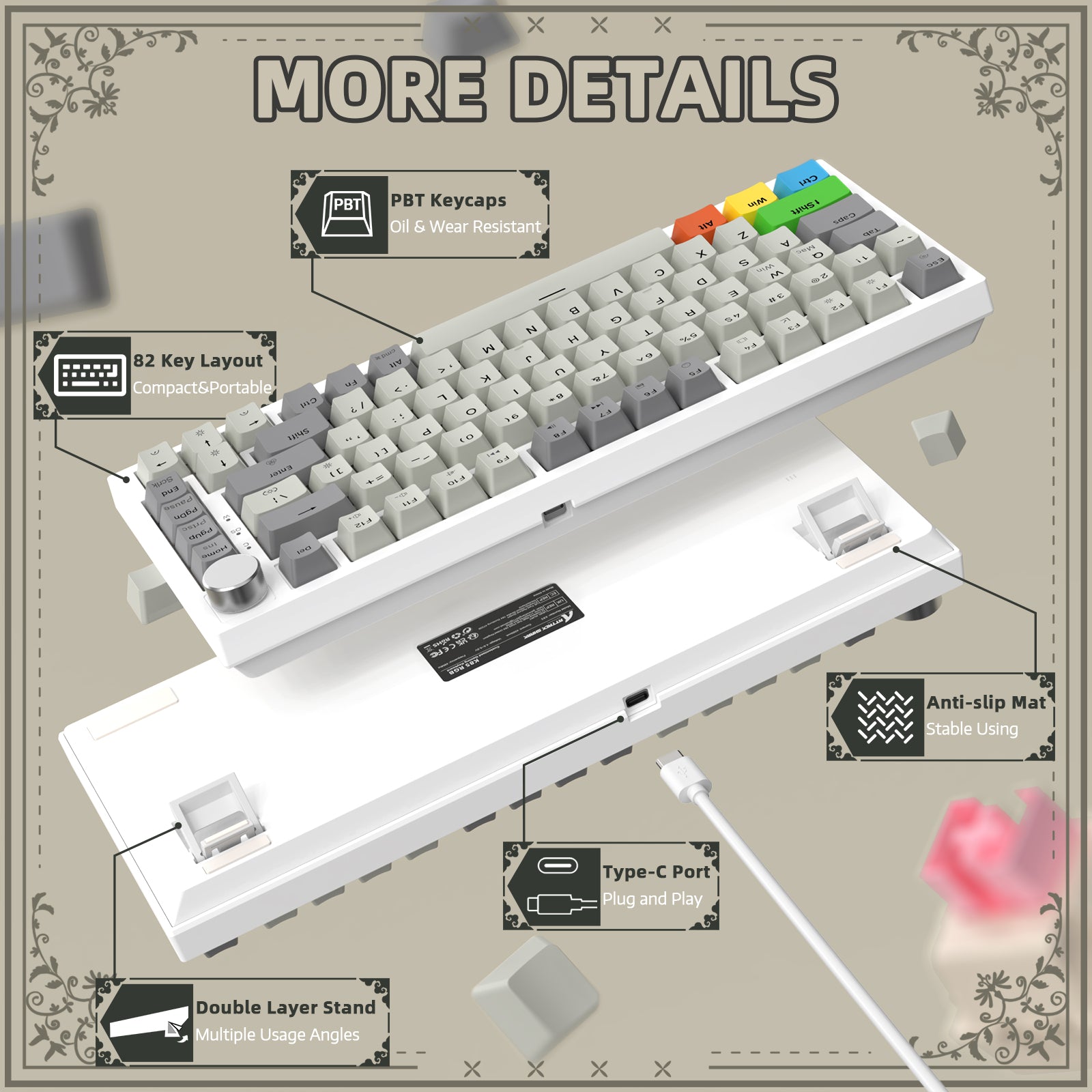 K85 keyboard features: PBT keycaps, 82 key layout, Type-C port, and anti-slip mat.