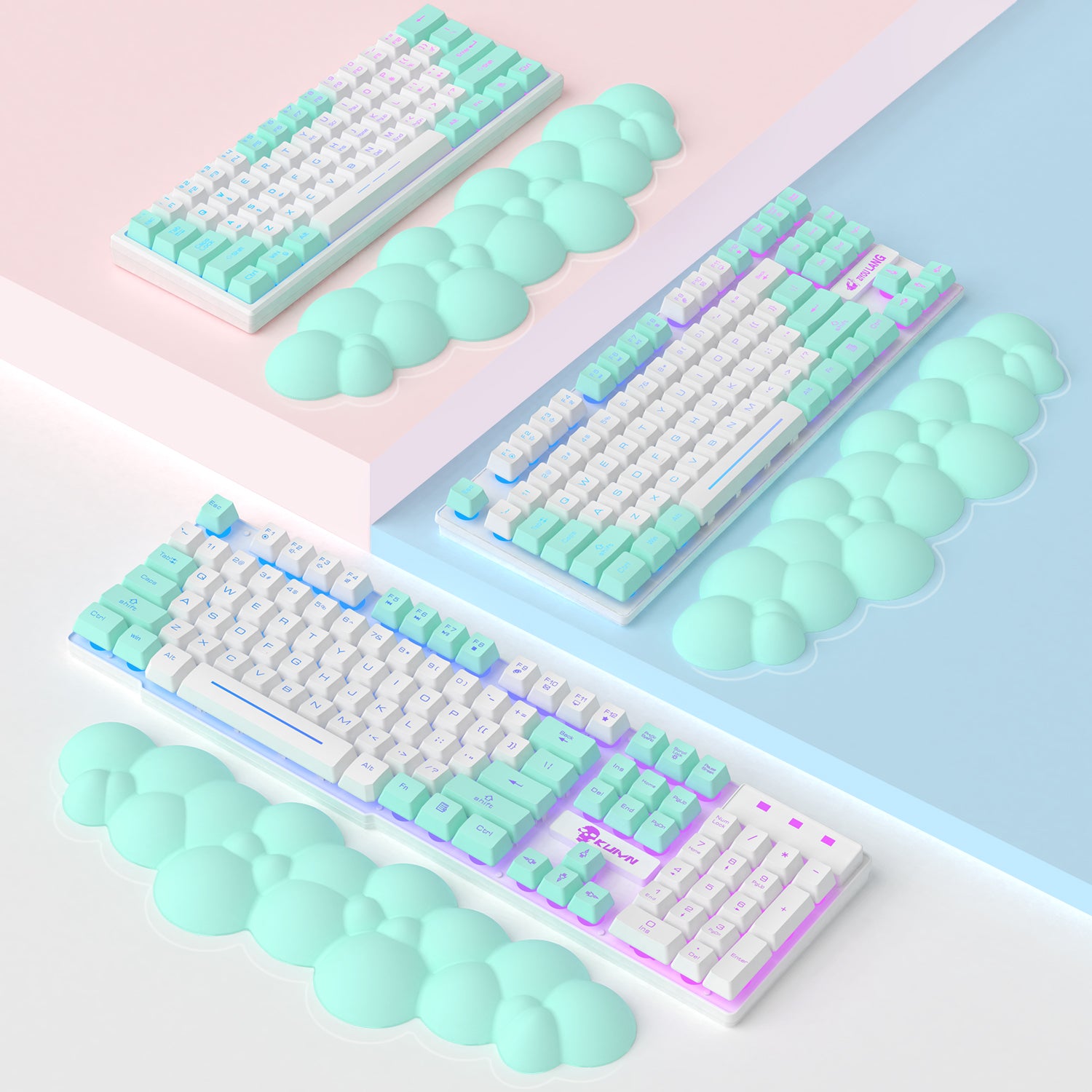 Mint green cloud-shaped wrist rests paired with pastel mechanical keyboards.