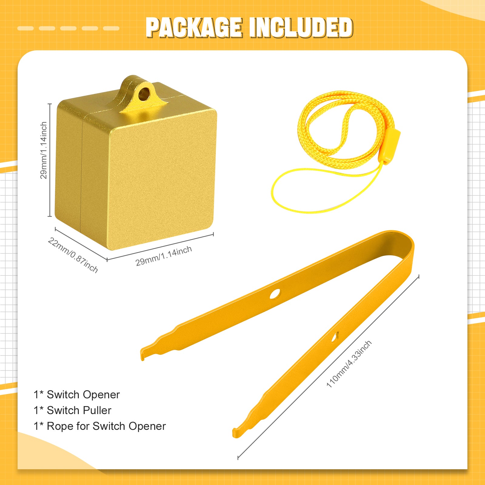 Yellow switch opener kit with puller and rope for mechanical keyboard customization.