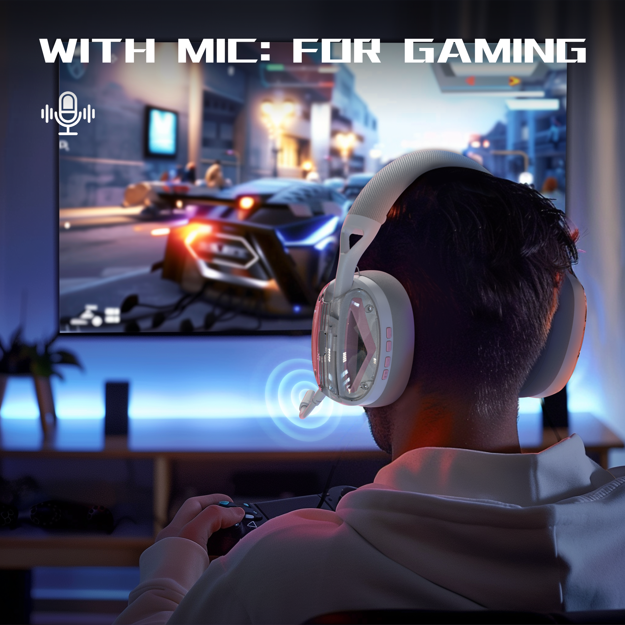 User gaming with Attack Shark L60 headset, detachable mic, and vibrant RGB lights.