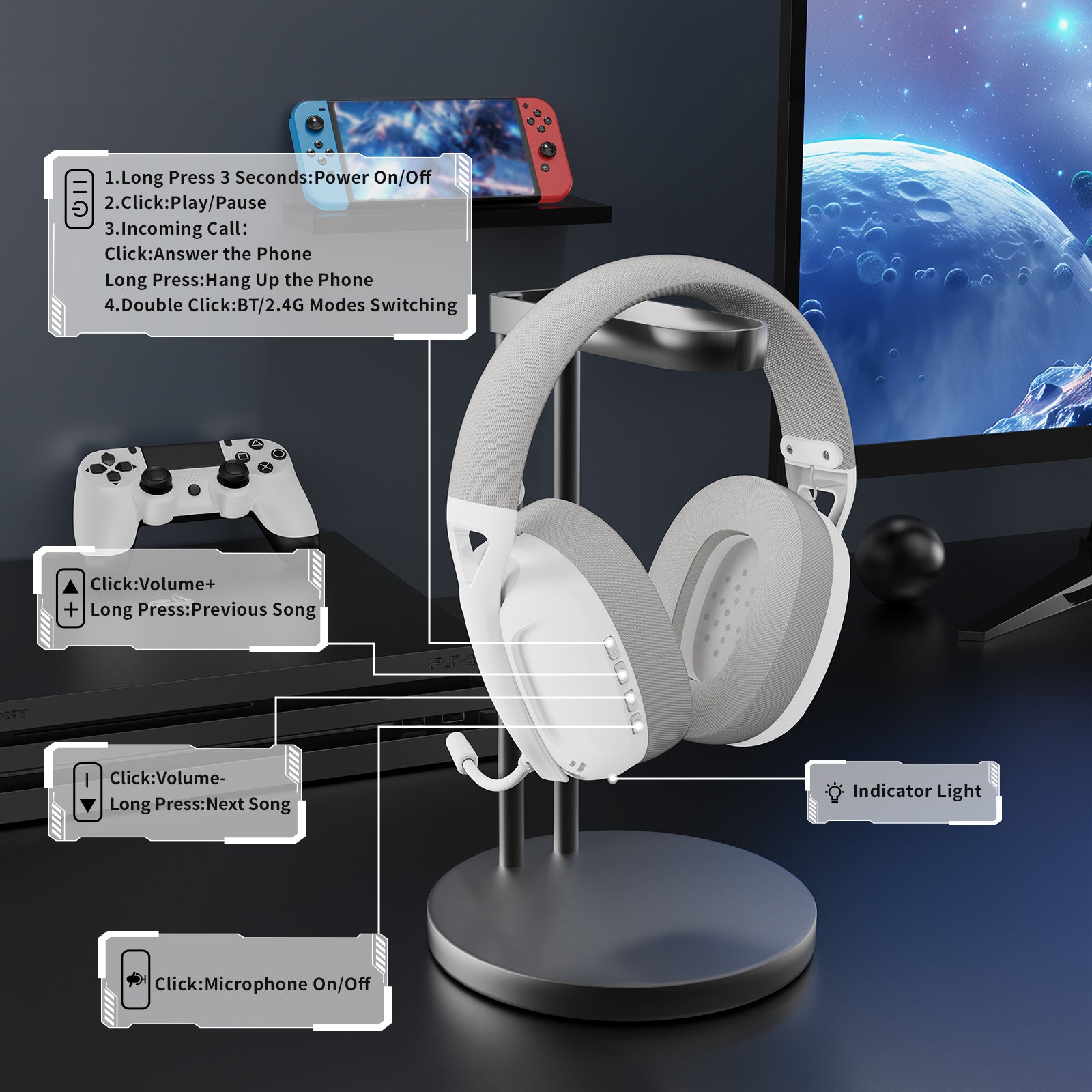 Control options and connections for Attack Shark L80 gaming headset on display stand