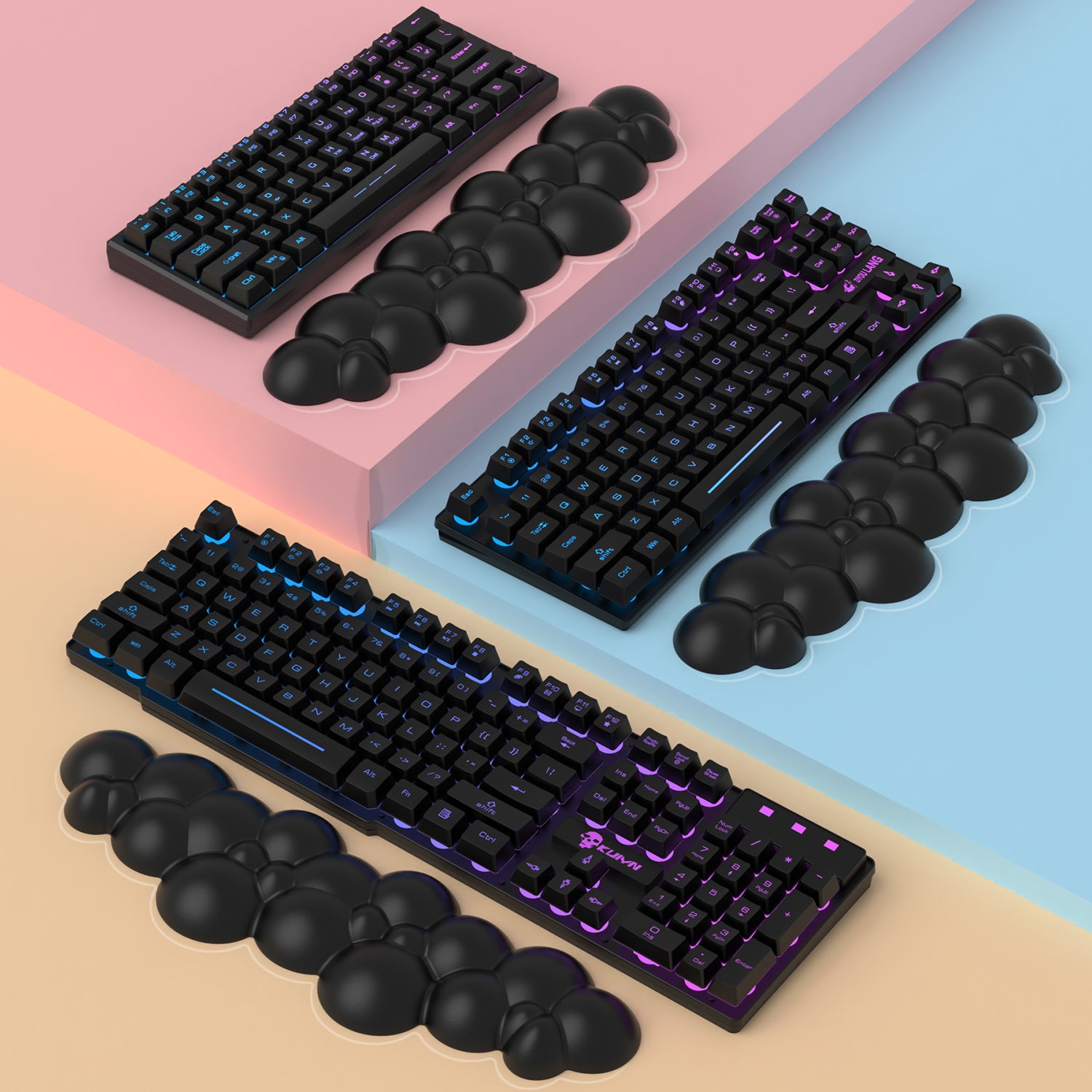 Black cloud-shaped wrist rests designed for ergonomic comfort beside mechanical keyboards.