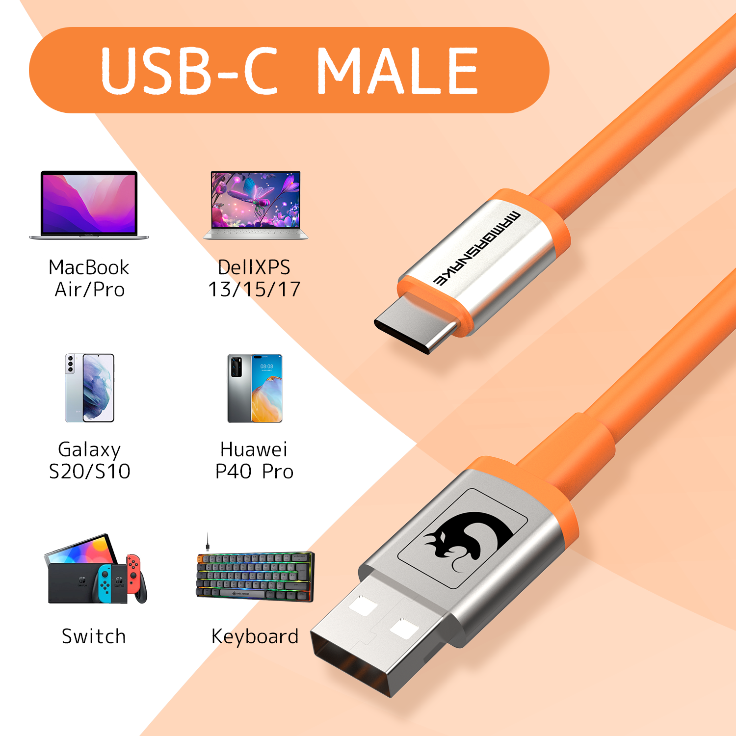 Orange USB-C male cable with aviation connector, compatible with laptops and keyboards.