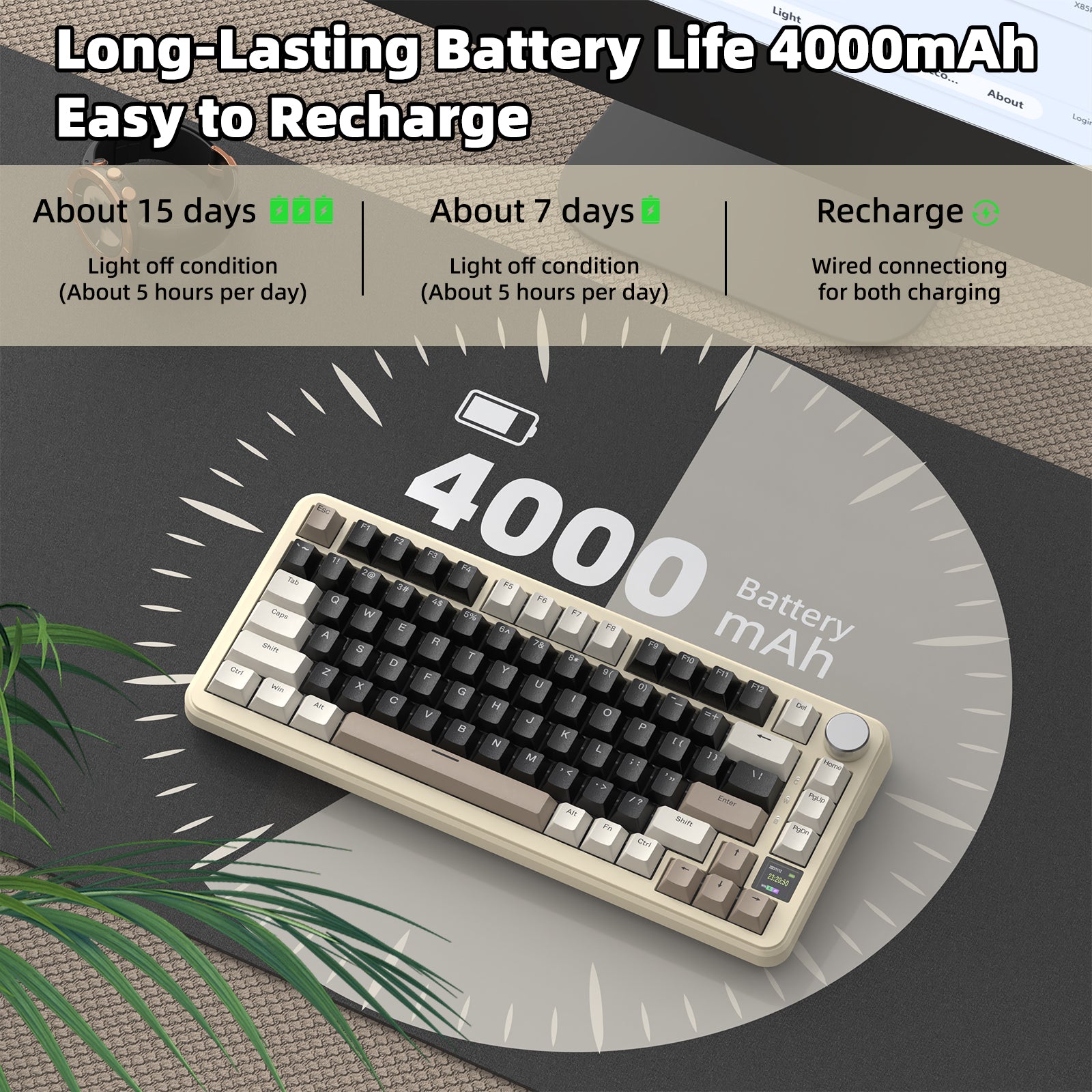 ATTACK SHARK X85PRO keyboard displaying 4000mAh battery life and recharge information.