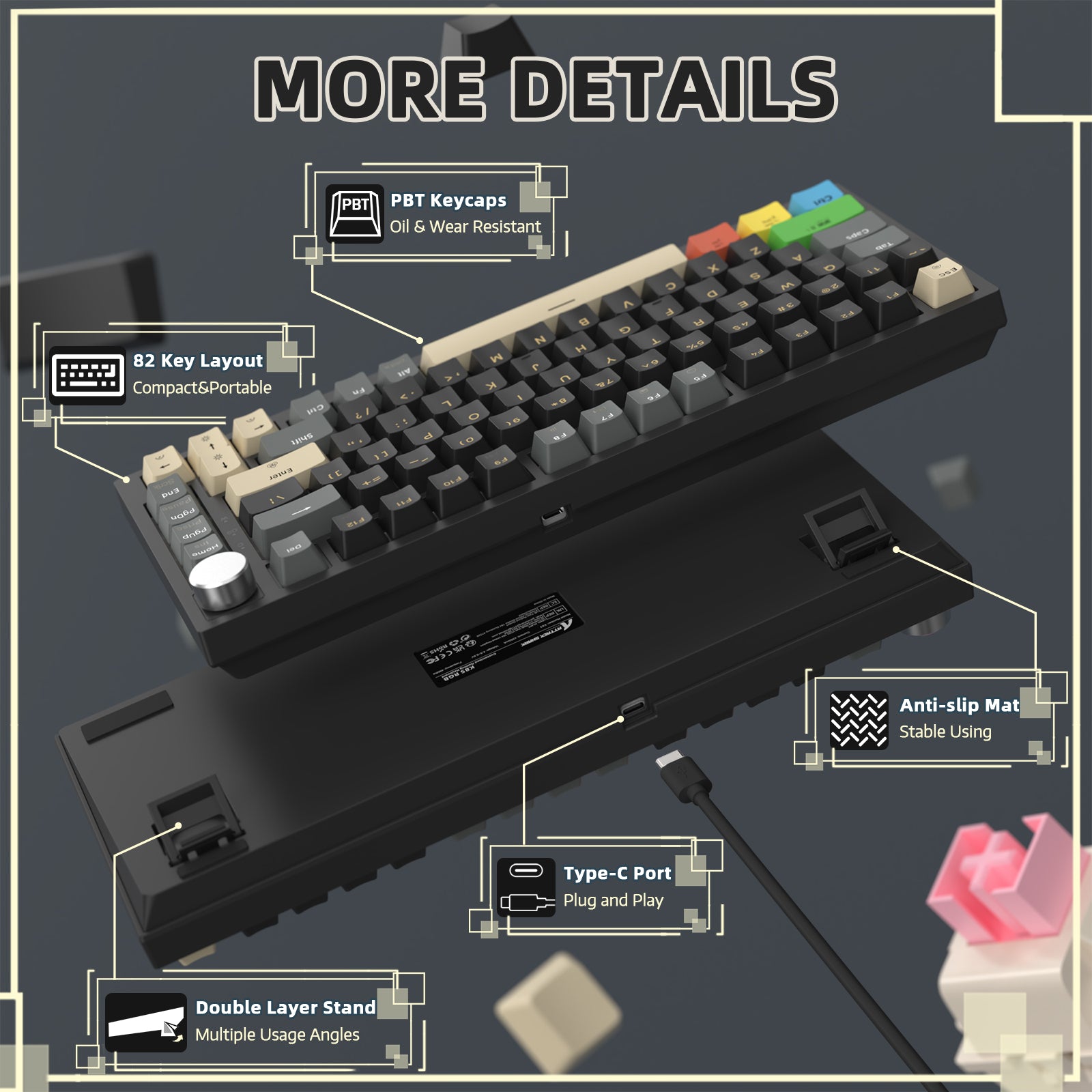 K85 keyboard with PBT keycaps, 82-key layout, anti-slip mat, Type-C port, and double-layer stand.