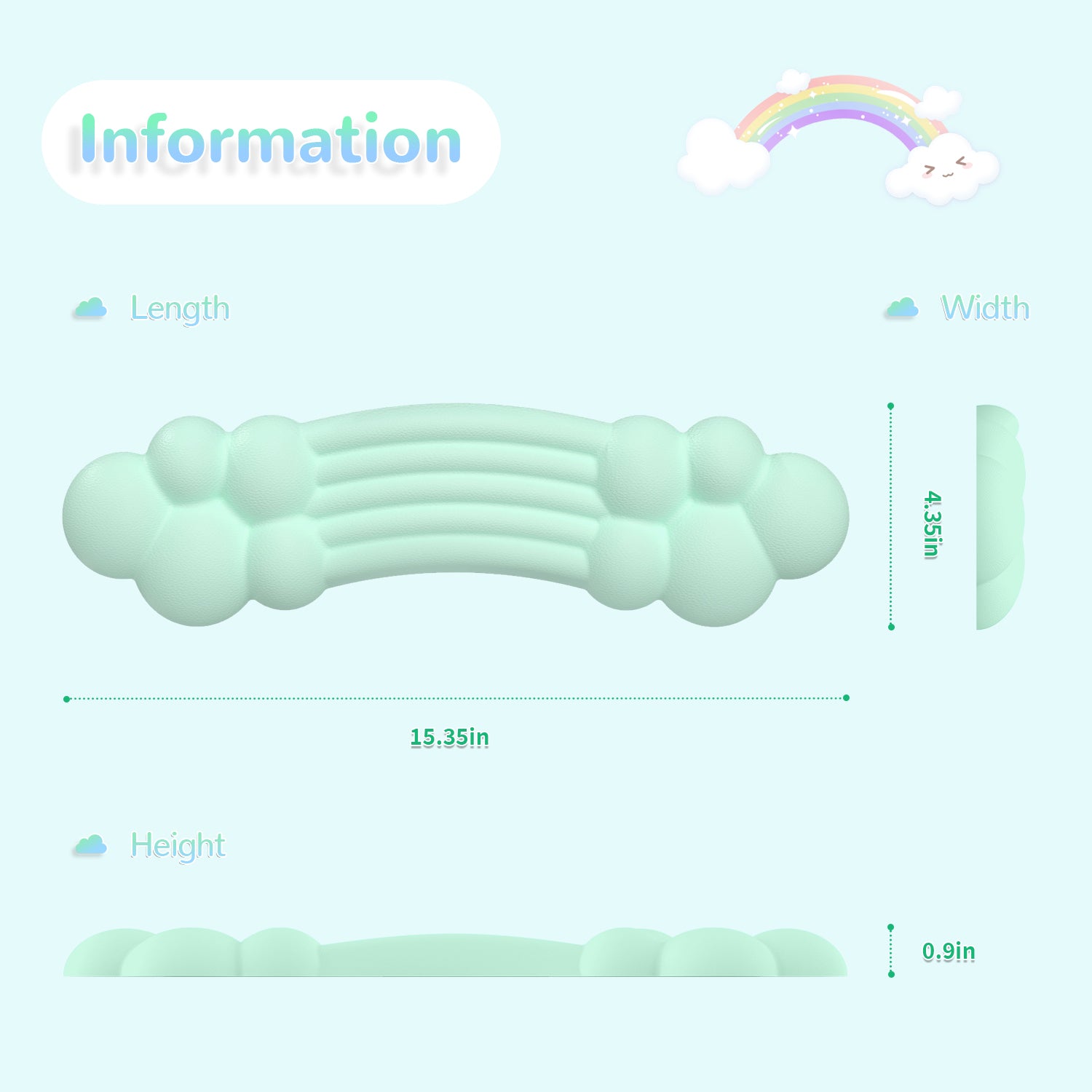 Pastel rainbow cloud wrist rest dimensions: 15.35in length, 4.35in width, 0.9in height.